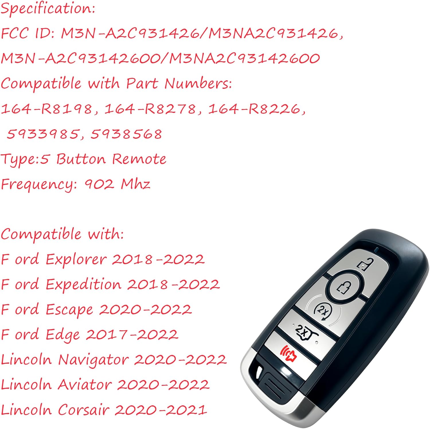 Key Fob Replacement Compatible with F ord Explorer Expedition Edge 2018-2022 Escape Lincoln Navigator Aviator 2020-2022 Corsair 2021 Smart Key for Keyless Entry Remote Control(164-R8198 164-R8278)