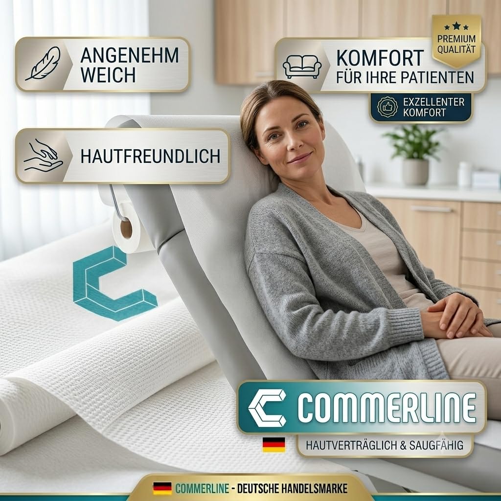 Commerline Rollos Médicos | 6 Rollos | 50 cm x 50 m 2 Capas | Cubierta Desechable Para Tumbonas | Fundas Blancas De Alta Calidad | Higiénicos | Ideal Para Consultas, Médicos, Masajes, Cosméticos | Cojín desechable de 2 capas para tumbonas de examen y masa