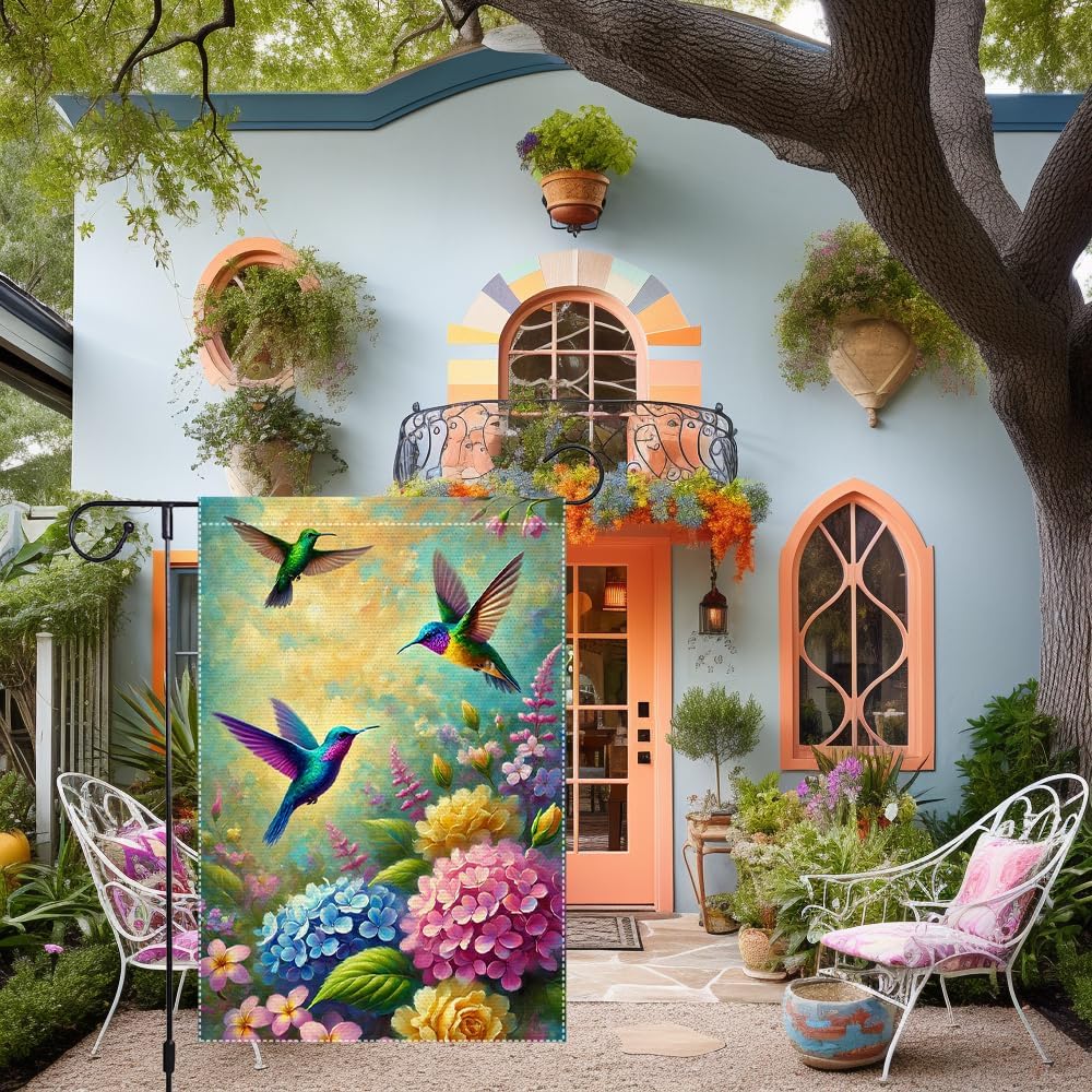 Hello Spring Hummingbird Garden Flag 12x18 Inch Vertical Burlap Small Double Sided Yard Outdoor Lawn painting Flags Decorations - Image 2