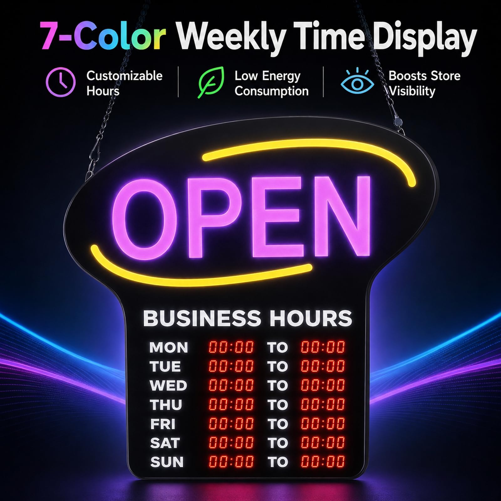 Insegna aperta a LED con orari settimanali, display a 7 colori