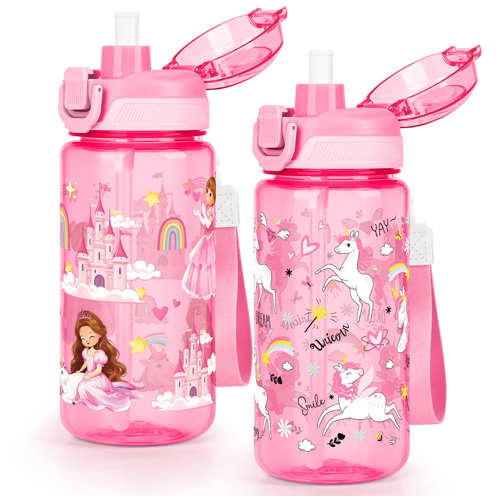 omedecal 600ml Kids Water Bottle with Pop-Up Lid & Lock, BPA-Free, 2-in-1 Removable Straw or Direct Drink Plastic Water Bottle, Dishwasher Safe, Handle Strap, Boys & Girls, Unicorn & Princess
