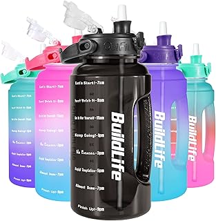 BuildLife 2.2 Litre Water Bottle - Removable Straw & Motivational Time Markings BPA Free Leakproof Resuable Large Sports Drinks Half Gallon Water Jug for Gym Training Travel School (2.2 Litre, Black)