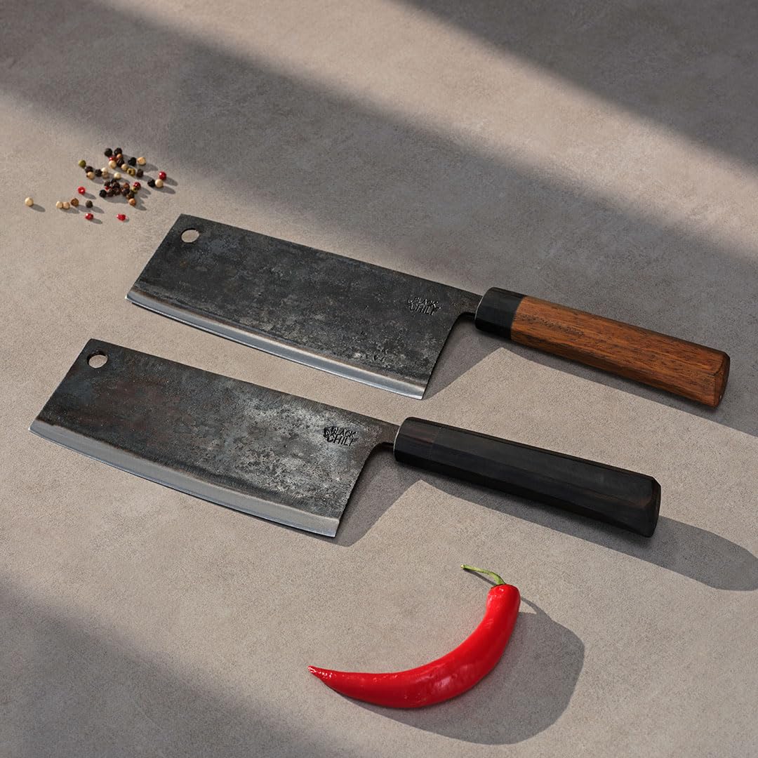Hackmesser (Chinesisches Kochmesser) für Fleisch und Gemüse | Griff: Ebenholz | 18 cm Carbonstahl Klinge | Extrem Hart und langlebig | Hackbeil Küchenbeil mit Holzgriff | PETER-PEPPER-18