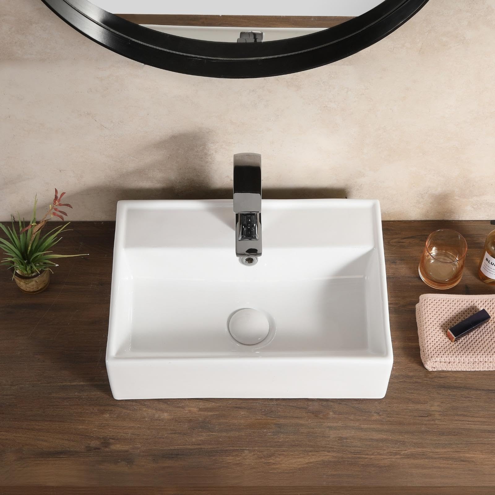 Waschbecken 45 cm Breit Eckig, Aufsatzwaschbecken mit Überlauf, Kleine Waschbecken Gäste WC, Hängewaschbecken Bad aus keramik in Weiß, Mini Waschtisch mit Rand