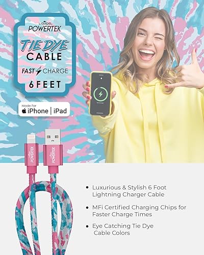 Vista 13 de LIQUIPEL Powertek - Cable de carga Lightning para iPad y iPhone, carga rápida, MFI de 6 pies, teñido anudado negro (verde)