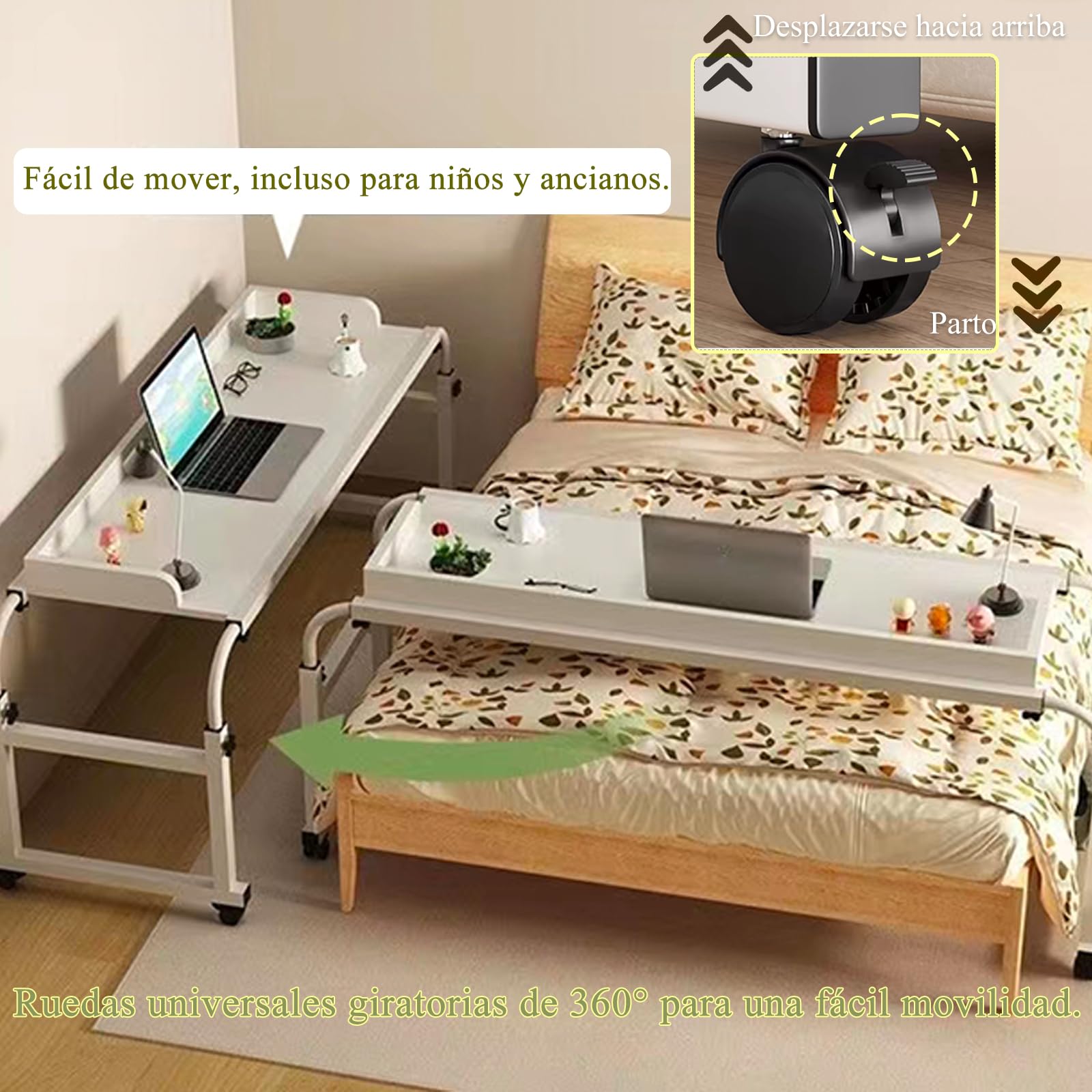 Genérico Mesa De Cama Móvil, Mesa Sobre Cama Con Ruedas, Marco De Acero Engrosado, Ajustable Hacia Arriba Y Hacia Abajo, Con Esquinas Redondeadas Para Evitar Golpes.120*45*65cm(Color: blanco)