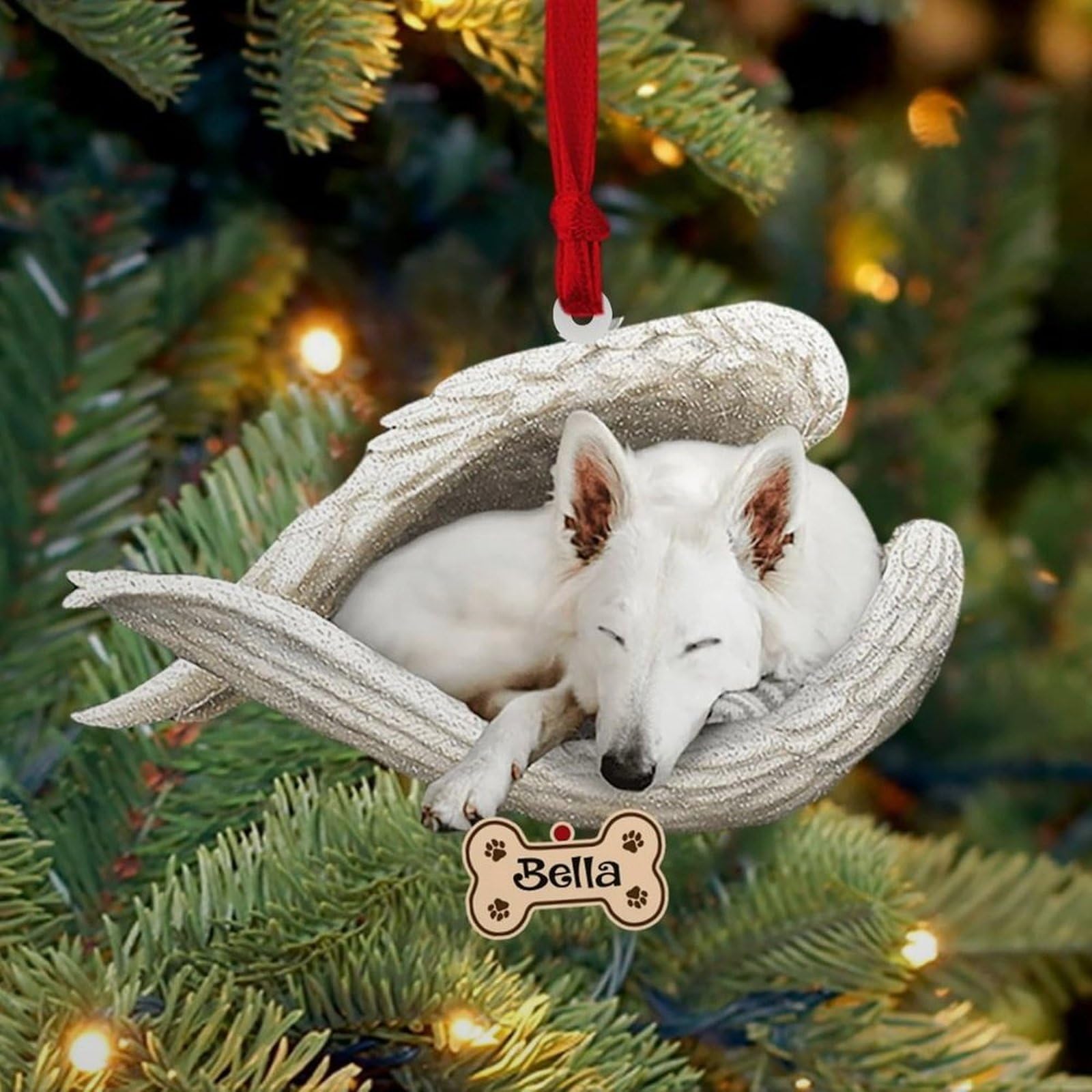 Luckluccy Personalized White German Shepherd Ornament,Custom White German Shepherd Dog Ornament with Angel Wing,Dog Christmas
