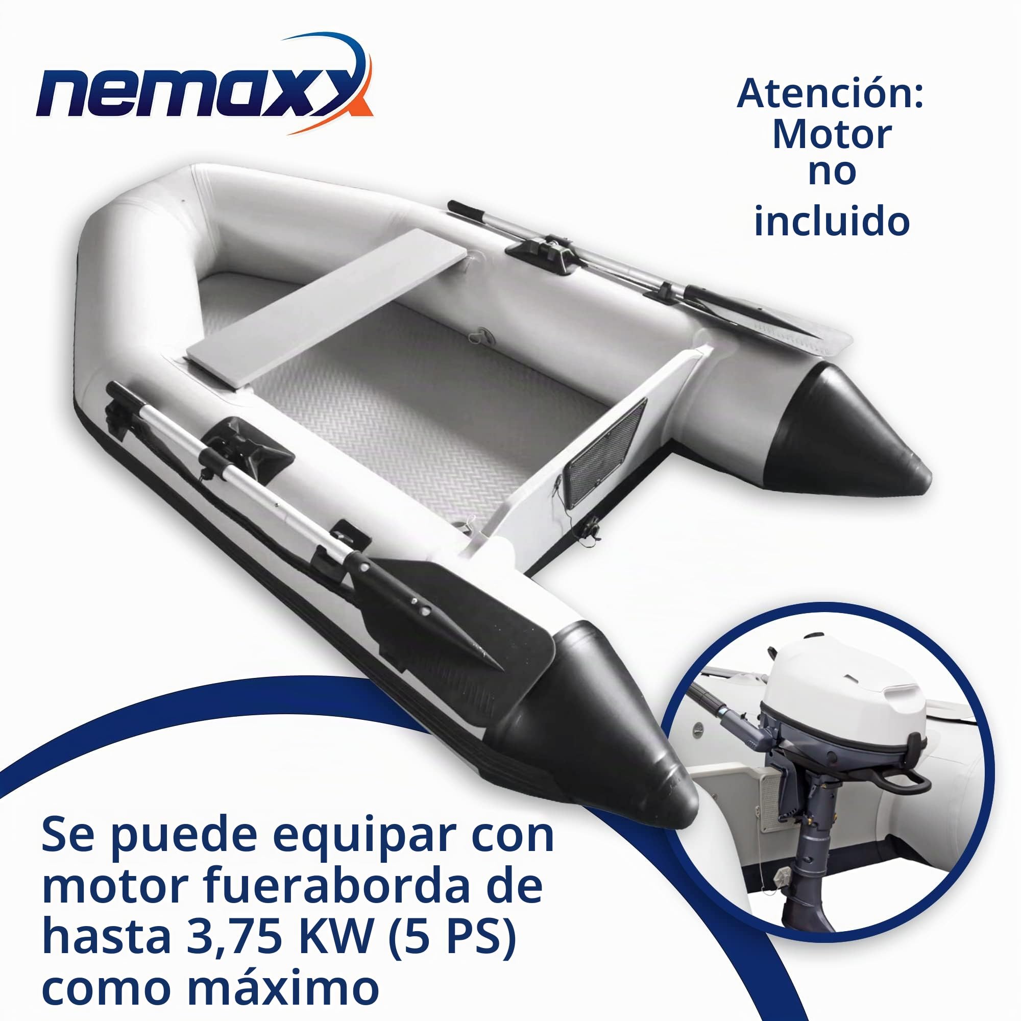 NEMAXX® Bote Inflable 230/330/380 cm para 2/5/7 Personas – Bote de Remo, Pesca y Palas – Suelo Inflable/Suelo de Aluminio, motorizable, hasta 905 kg – Incl. 2 remos, Bomba, Bolsa y Kit de reparación