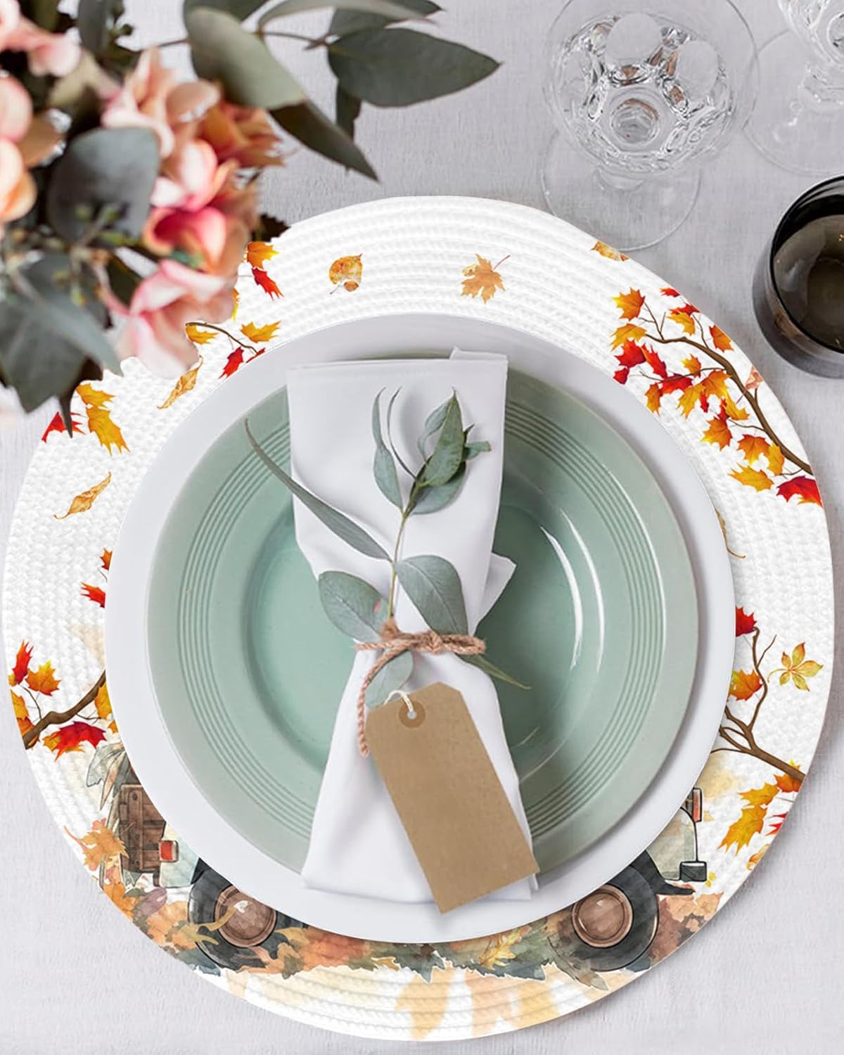 Fall Round Placemats Set of 4 Truck with Pumpkin Thanksgiving Place Mats Woven Placemat Maple Leaf Tree Branch Circle Braided Table Mat for Kitchen Dining Table Holiday Party Decorations 15 Inch