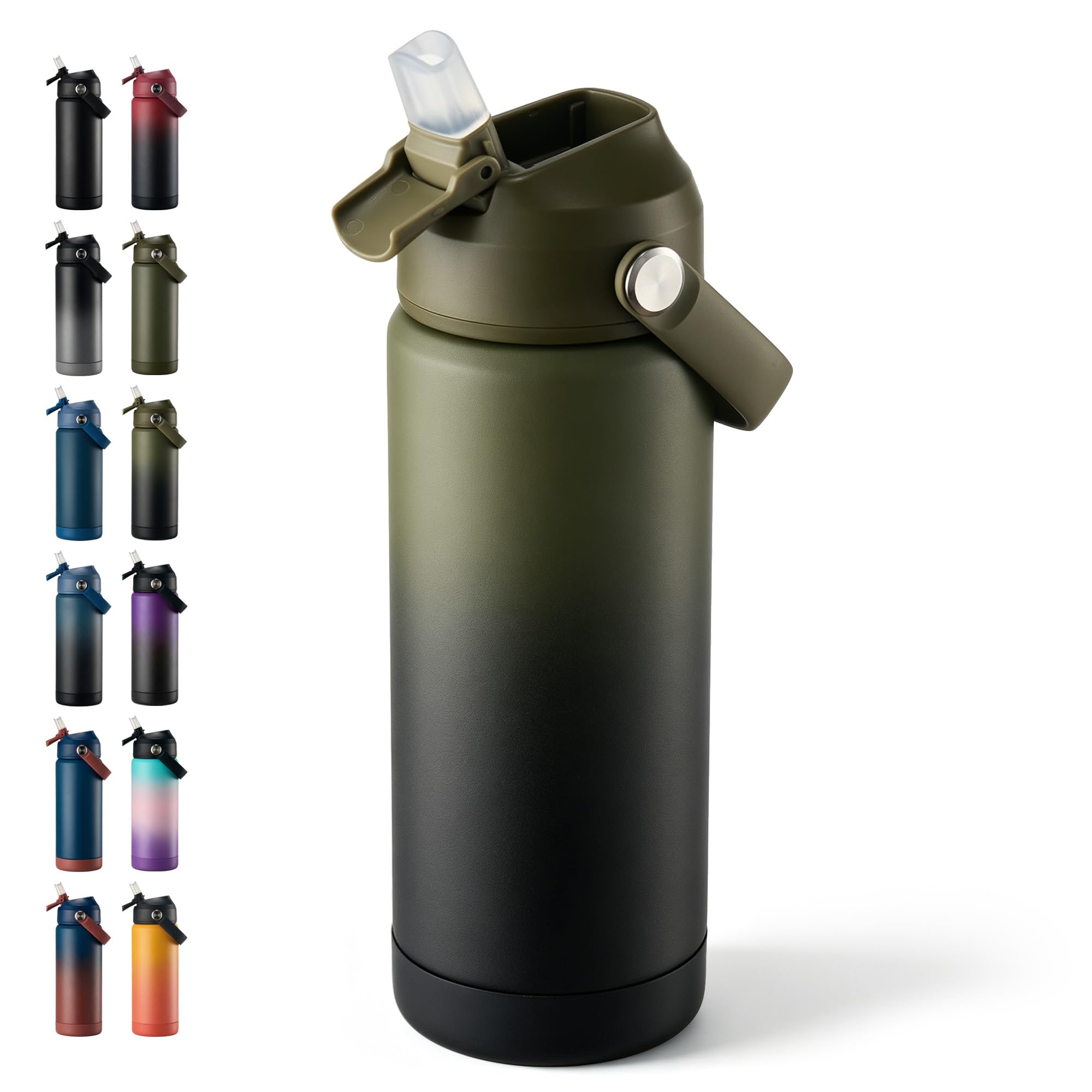 Fijinhom 18 oz Insulated Water Bottle with Straw Lid, Stainless Steel Water Bottles, Double Wall Vacuum, Portable Handle &amp; Non-slip Bottom, BPA Free Leak Proof Metal Bottles, Cold 24H, Green/Black