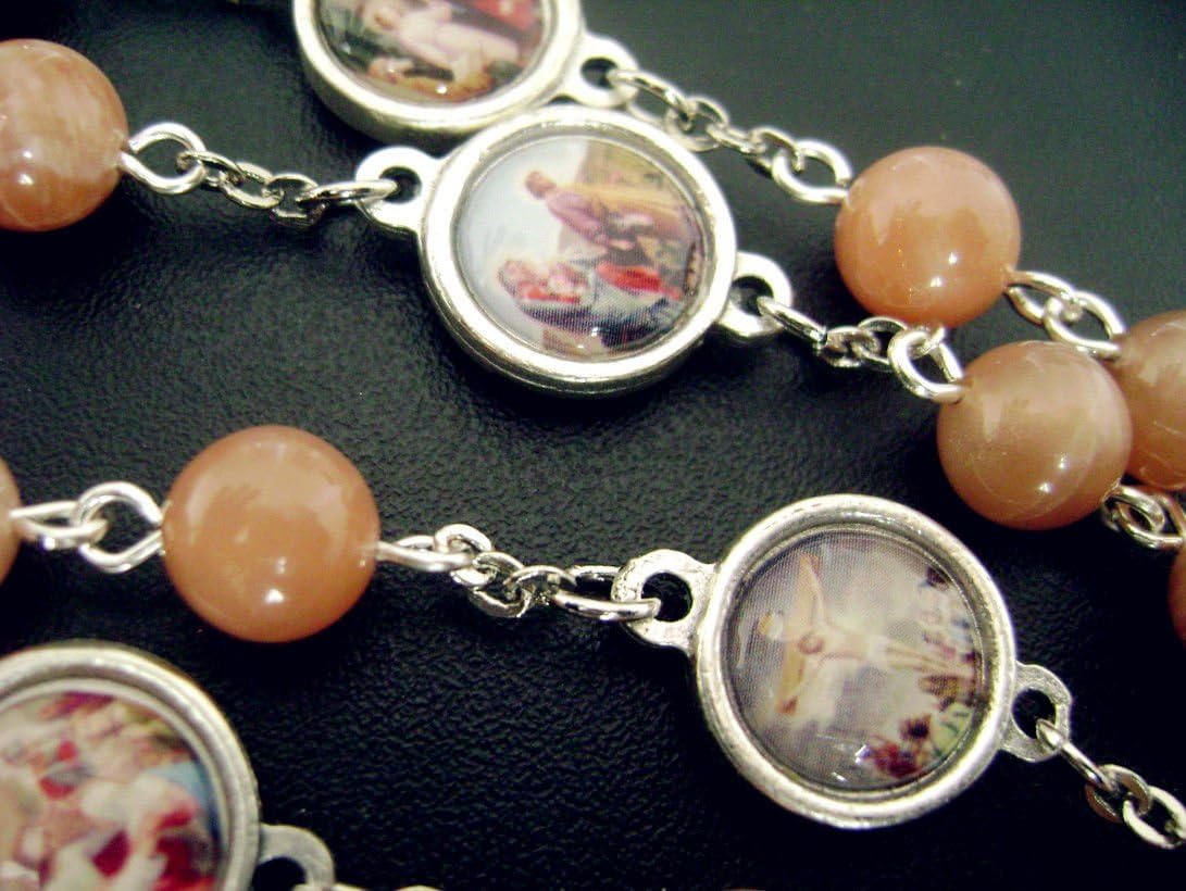 elegantmedical HANDMADE Nice Orange Moonstone Beads Seven 7 Sorrows Of Mary Rosary Necklace Gift BOX Womens GIFTS