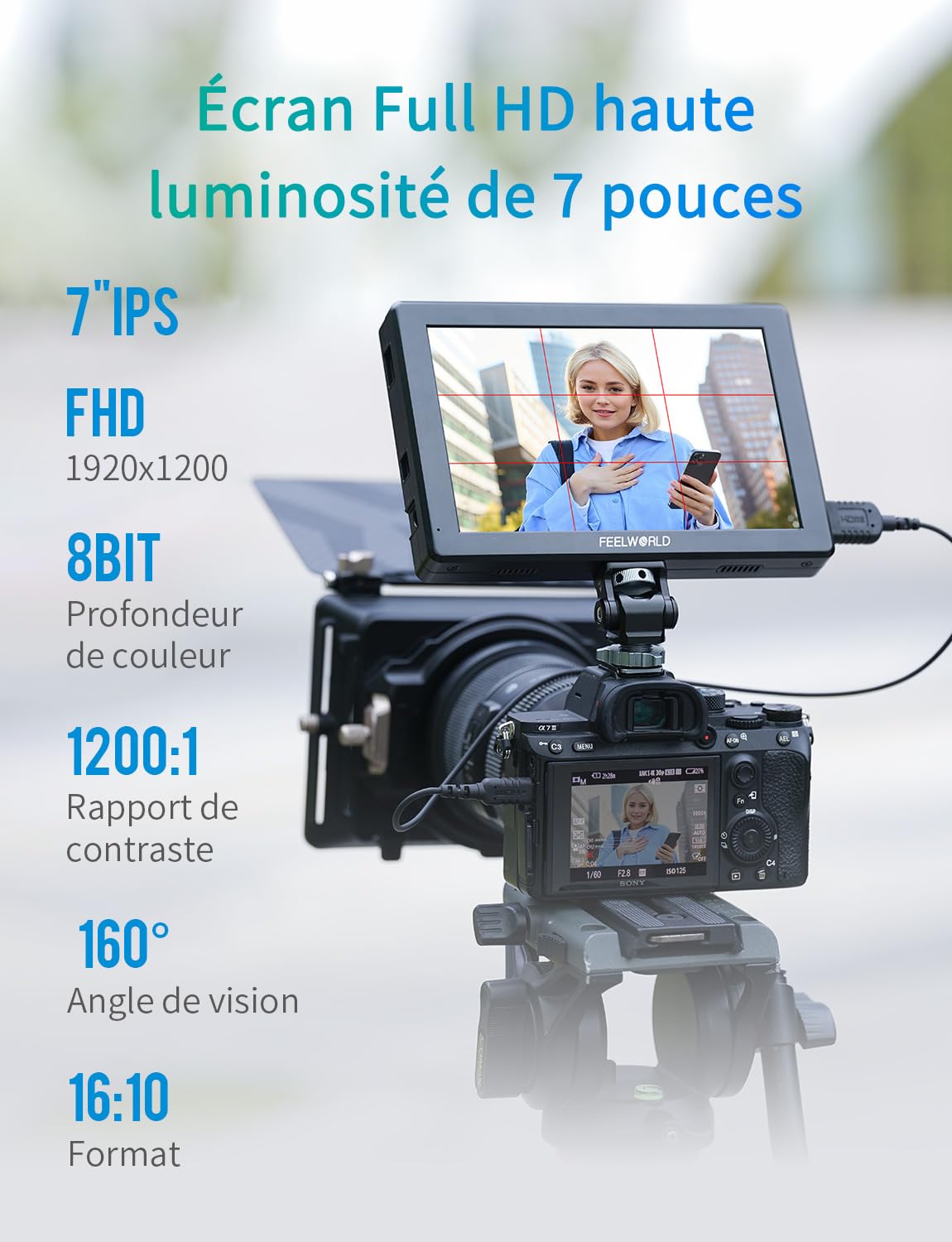 FEELWORLD T7PRO 2000 Nits Moniteur Caméra 7 Pouces 1920x1200 IPS Moniteur Champ avec Boîtier en Aluminium 4K HDMI2.0 HDR Waveform,9:16 Marqueur,Inclut Batterie F750 4400mAh et Sac