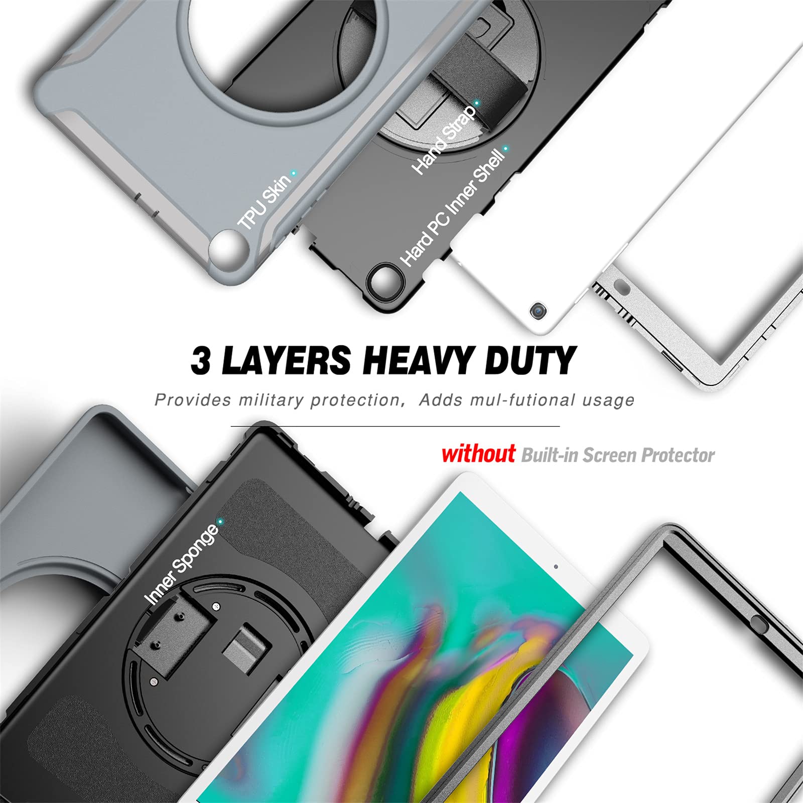 Funda para Samsung Galaxy Tab A 10.1 Pulgadas 2019 (SM-T510/T515/T517), Heavy Duty Three Layers Antichoque Carcasa Rugosa con 360 Soporte Rotación Correa de Mano Anticaída