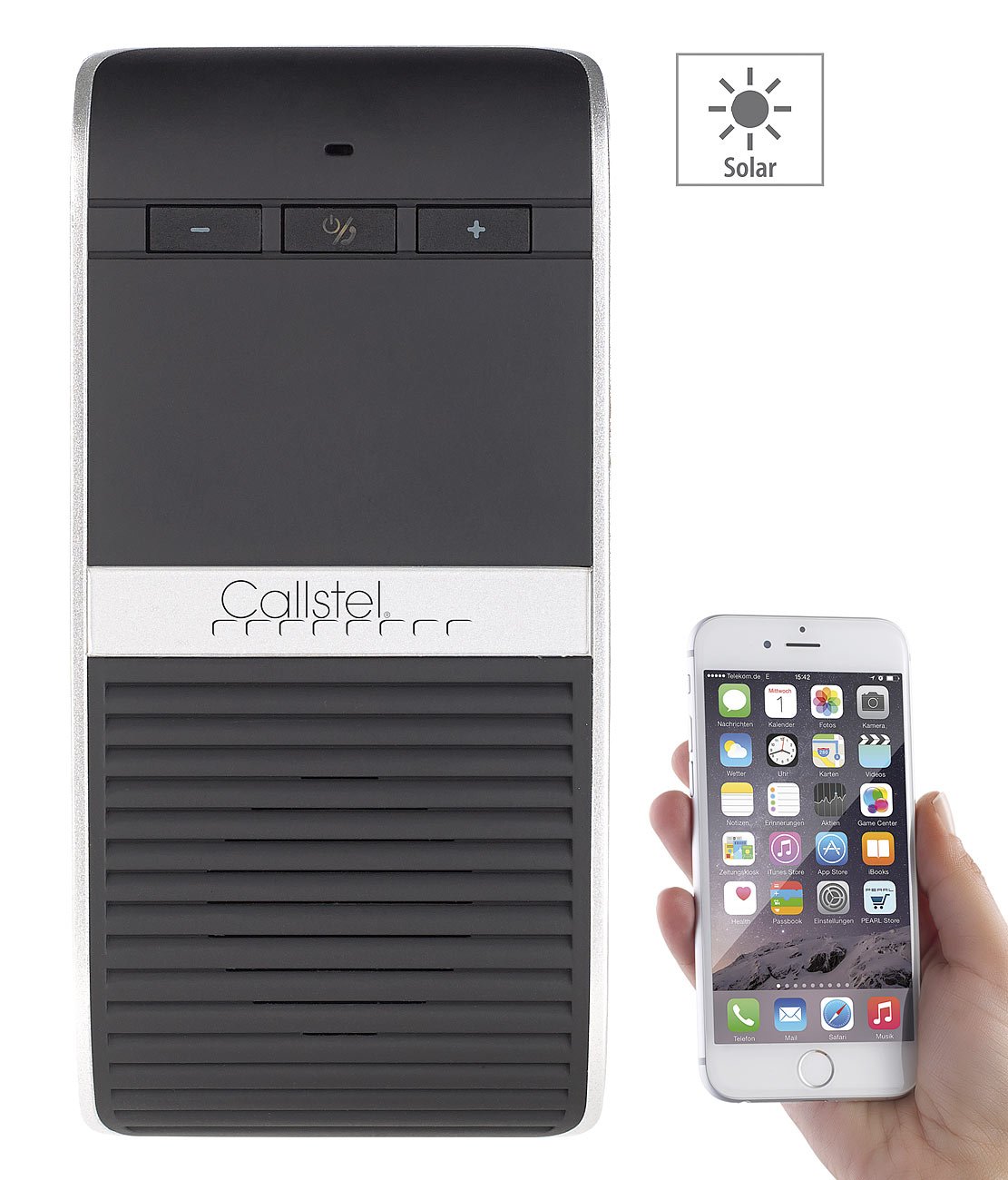 Callstel Sprechanlage: Solar-Kfz-Freispechsystem, kabellos, Bluetooth 4.0, Multipoint, DSP (Freisprecheinrichtung Auto, Freisprechanlagen, Telefon)