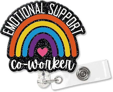 XQLZY Emotional Support Coworker Black Glitter Cute Badge Reel Retractable with Alligator Clip, Funny Rainbow ID Badge Holder Gift for Medical Assistant Office Colleague Social Worker Boss B