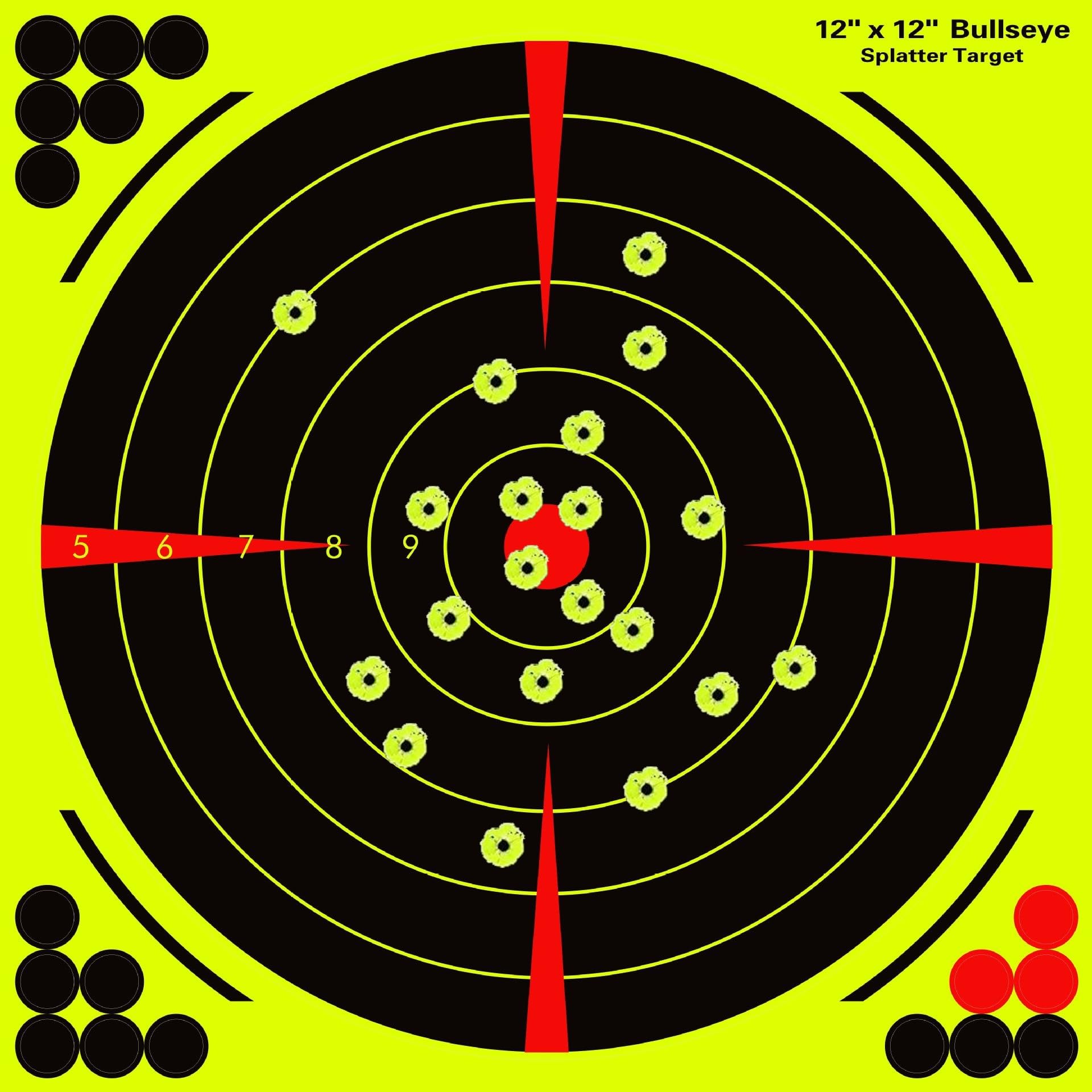 Lipulacer 12x12 inch Splatter Targets, Bullseye Shooting Targets Adhesive Stickers with Bright Fluorescent Yellow Effect for Outdoor Indoor Shooting Practice(50PACK)