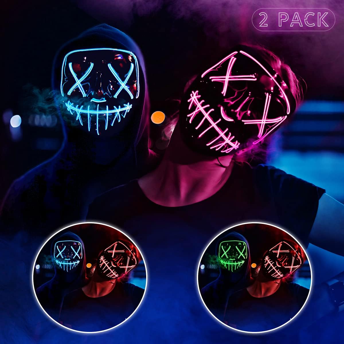 AMUTOY 2 máscaras con luz LED de Halloween máscara de miedo para adultos y niños máscara de purga para fiesta de disfraces de Halloween festival de