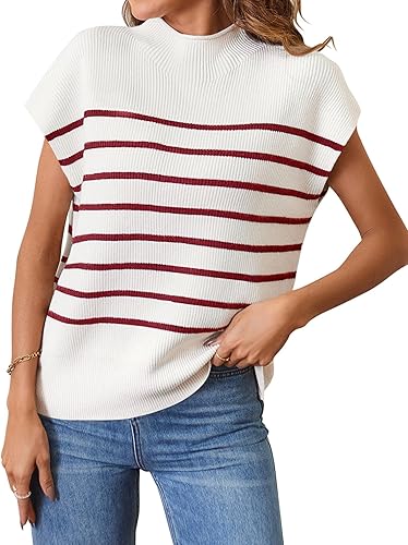MEROKEETY Women's 2025 Sleeveless Mock Neck Striped Sweater Vest Cap Sleeve Ribbed Knit Pullover Tank Tops - (color: Wine, size: Small)