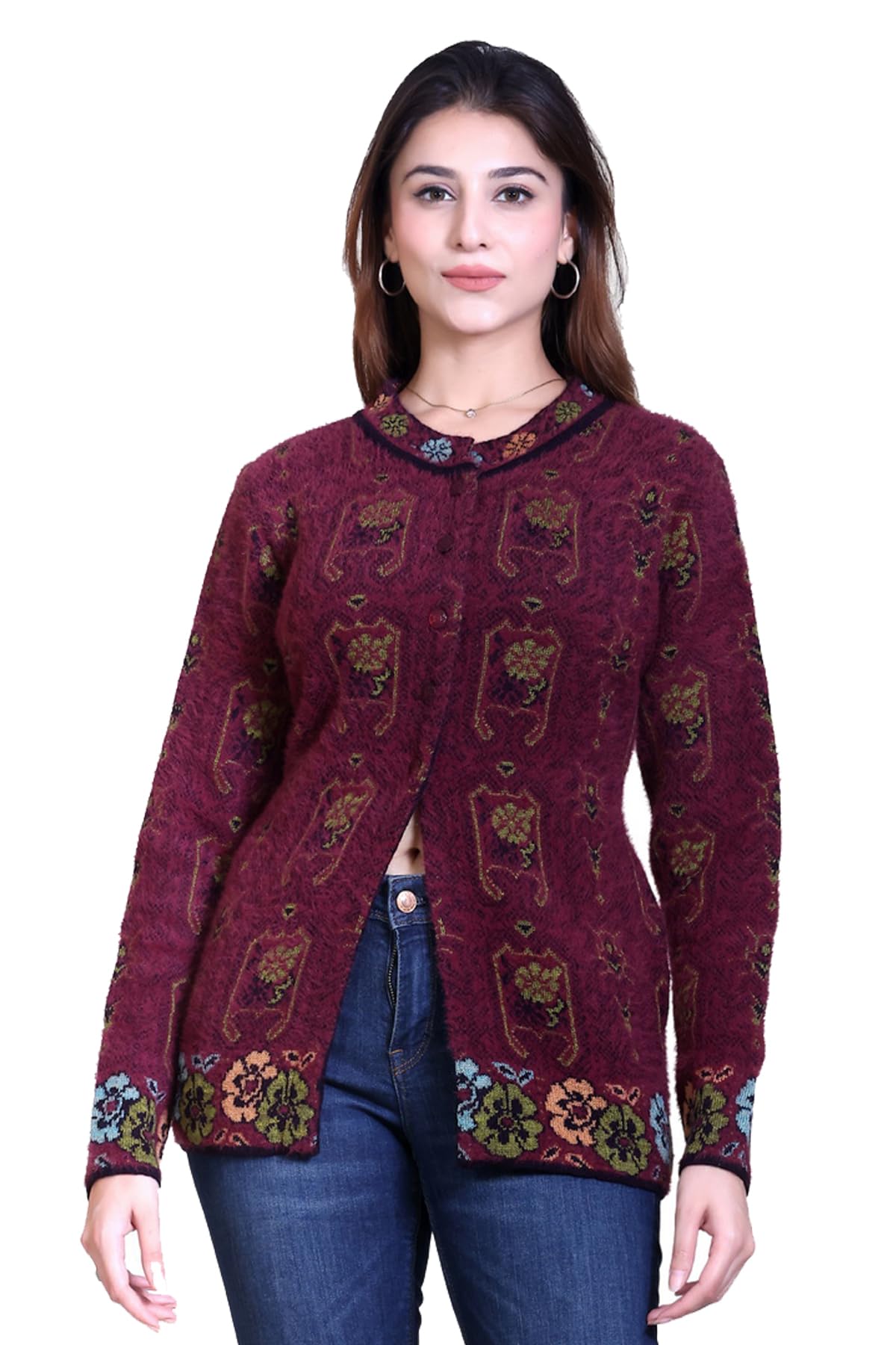 Full Sleeve Floral Jacquard Knit Woollen Cardigan for Women-image-36