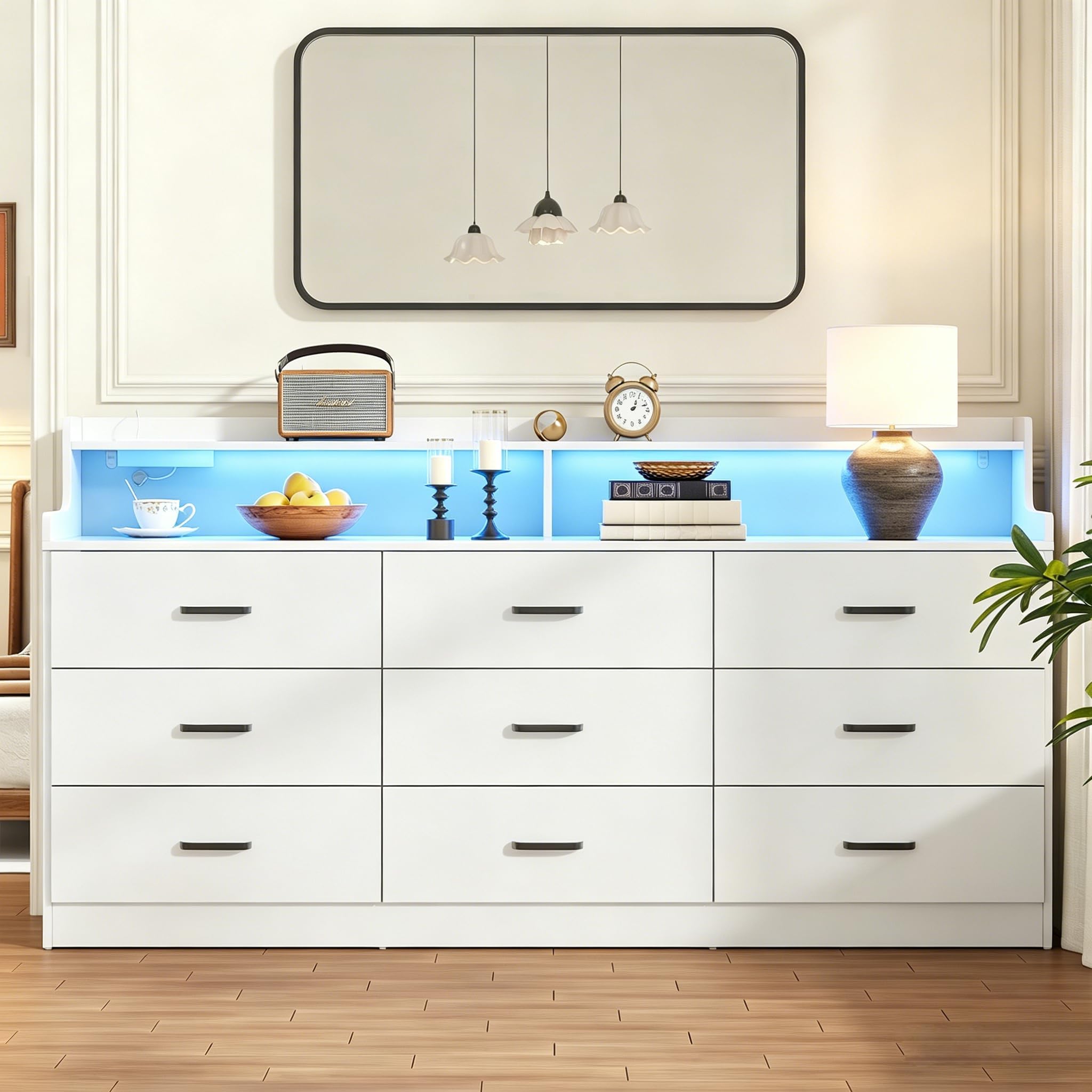 Bigbiglife 9 Drawer Dresser with Built in Power Outlet and LED Light, Modern Chest of Drawers for Bedroom, Triple Wide Drawer Organizer Cabinet for Living Room, Entryway, Hallway, Antique White