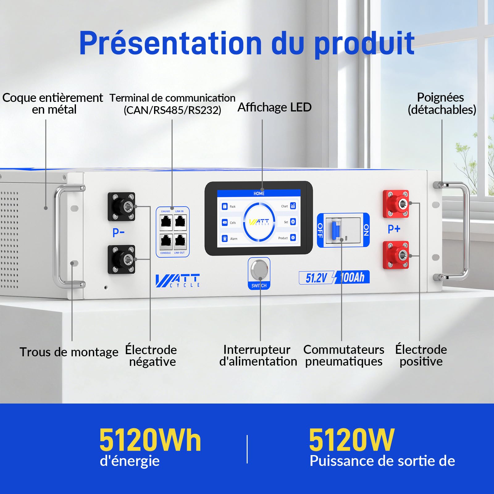 WattCycle Kit 2 Batterie LiFePO4 Rack 48V 100Ah V2, 10,24kWh Totali con Celle BYD, BMS 100A, Bilanciamento Attivo 3A, Bluetooth, LCD, CAN/RS485, per Fotovoltaico, UPS e Off-Grid