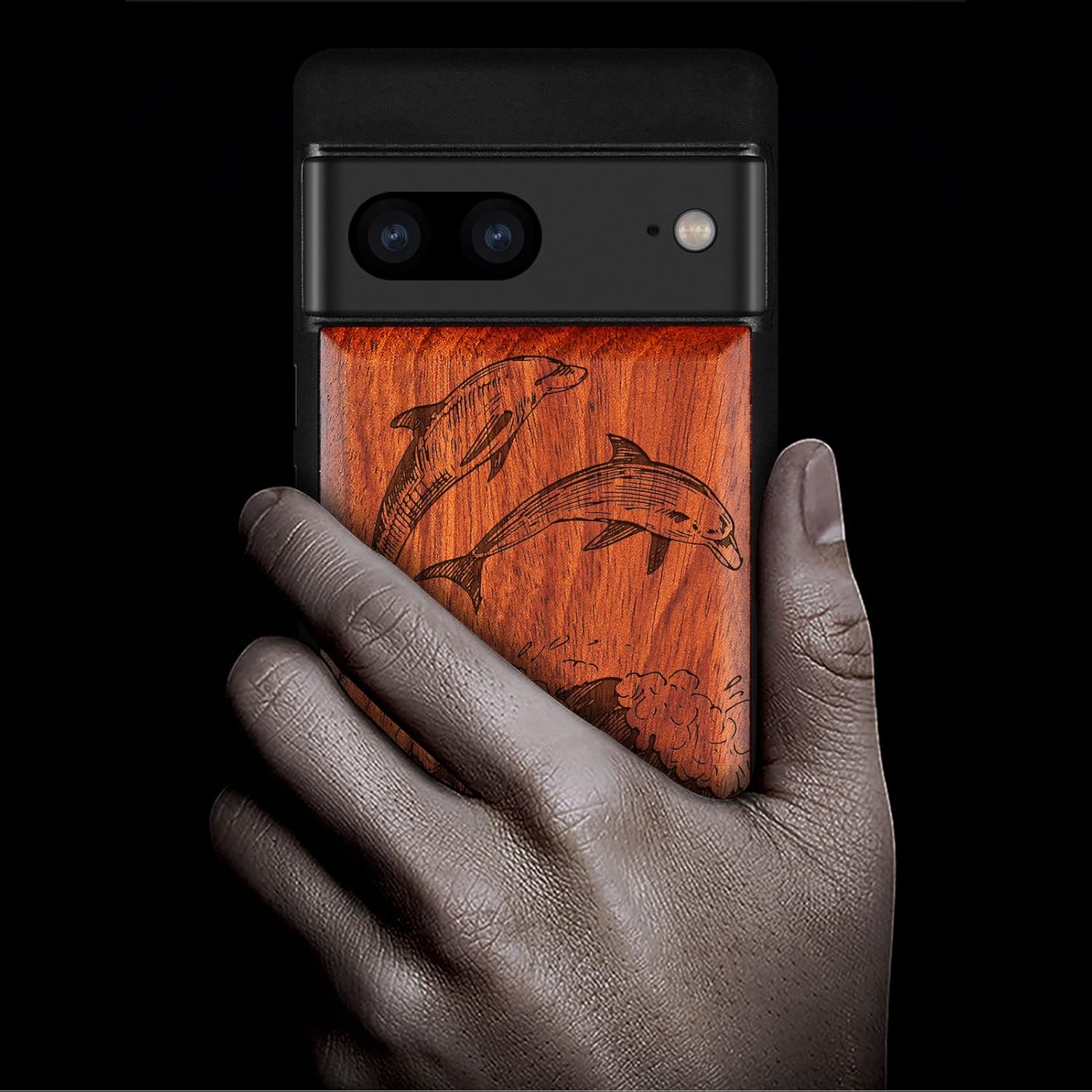 Carveit Wood Case for Pixel 7 Case [Natural Wood & Black Soft TPU] Shockproof Protective Unique Wooden Cover Compatible with Google Pixel 7 (Dolphin with Sea Waves-Rosy)
