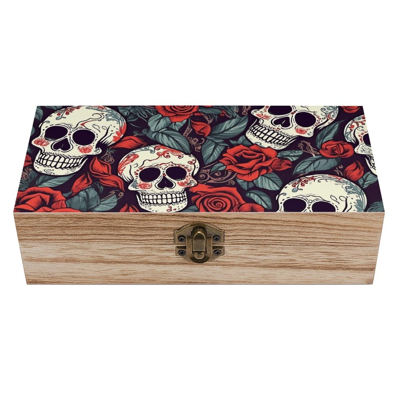 DWVTSLH Sugar Skulls And Red Roses Wooden Storage Box Locked Wood Gift Box Decorative Keepsake Boxes Storage Bins, Memory Boxes for Pictures, Jewelry Organizer Unique Gift Ideas for Men Women