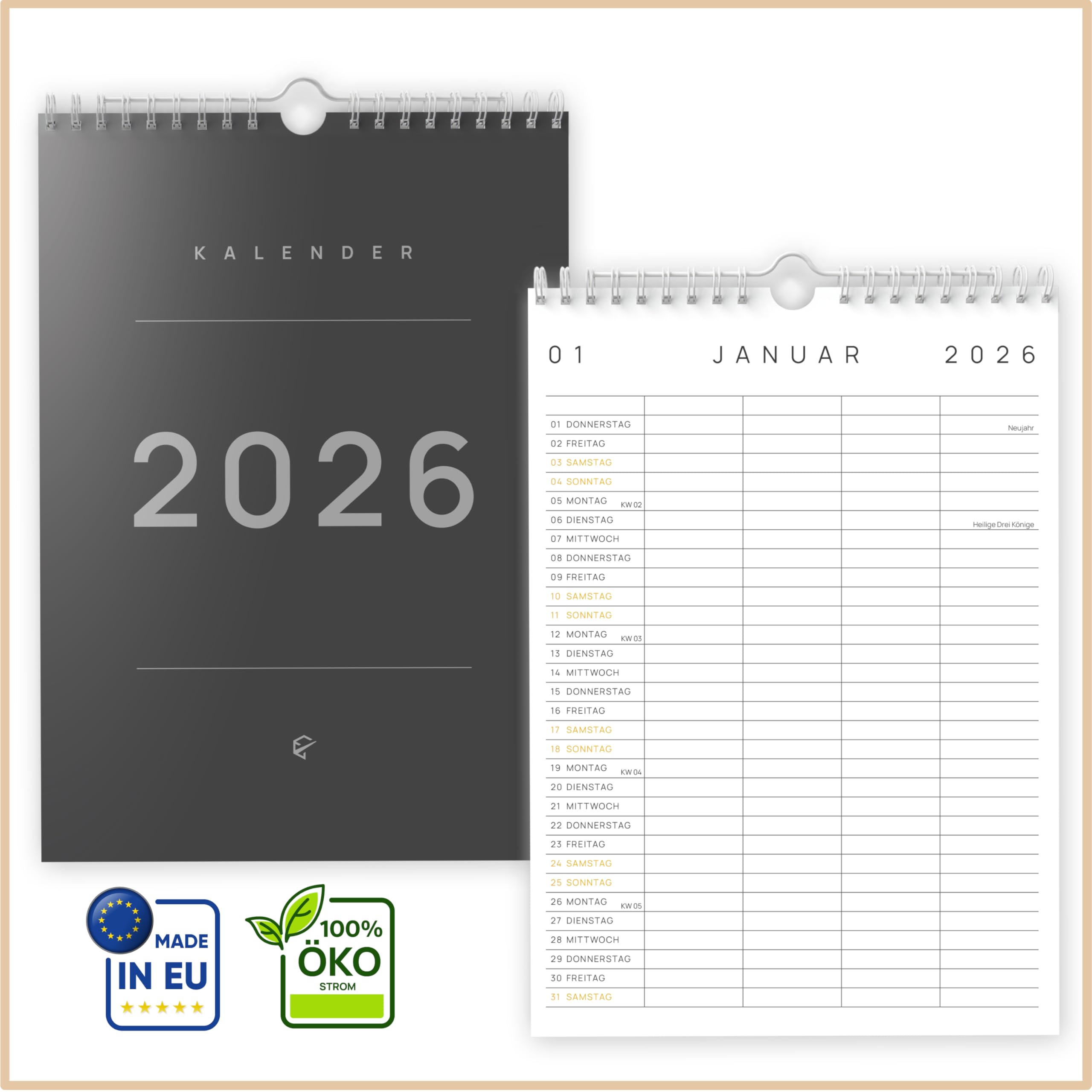 UNITURE® DIN A4 Familienplaner 2026 (15 Monate – bis Dez 2026) | 4 Spalten | Oktober Start | nachhaltig & schmierfrei