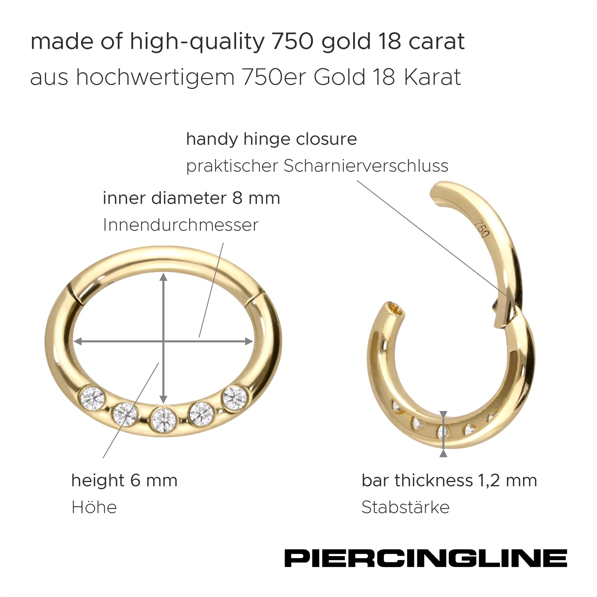 PIERCINGLINE 18 Karat Gold Clicker OVAL mit 5 MOISSANIT Kristallen | Piercing Ring Septum Helix Tragus