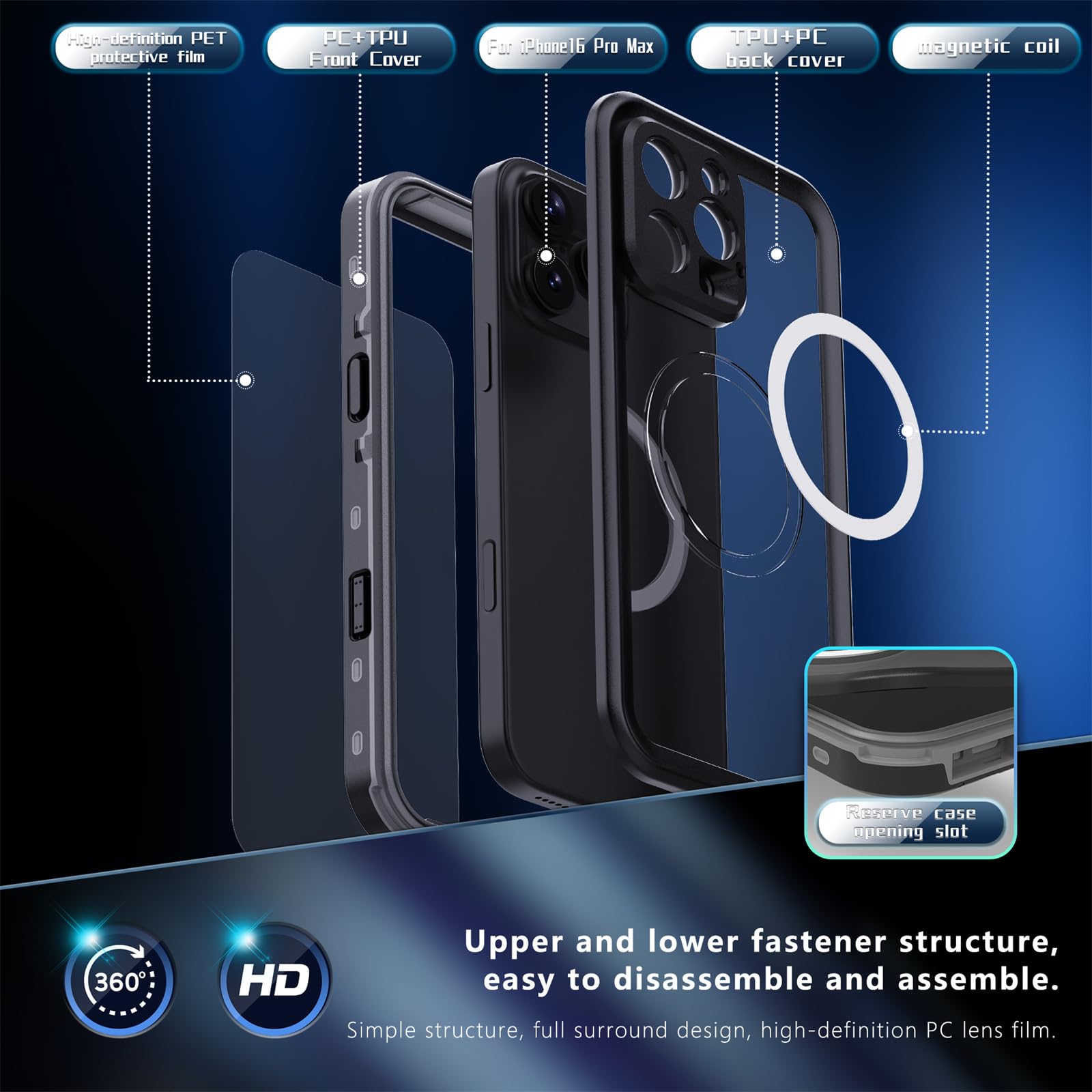 Funda impermeable para iPhone 16 Pro Max/16 Pro/16 Plus/16, compatible con MagSafe IP68 certificada bajo el agua, funda totalmente sellada con protector de pantalla integrado (negro, 16 Pro Max)