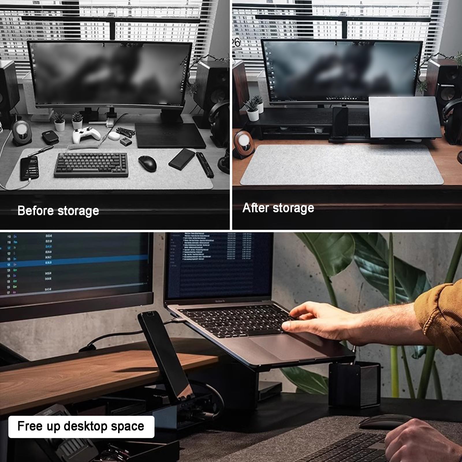 Supporto per monitor in legno, organizer da scrivania per computer con spazio per smartphone, laptop, auricolari e gestione dei cavi