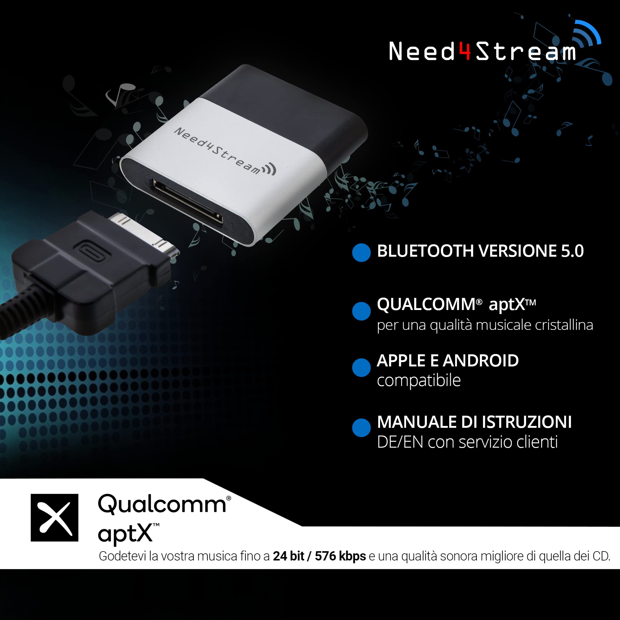 Need4Stream N4S300-LR Adattatore Bluetooth Per Auto – Audio In Streaming Con Chip Qualcomm AptX, Per Land Rover E Range Rover
