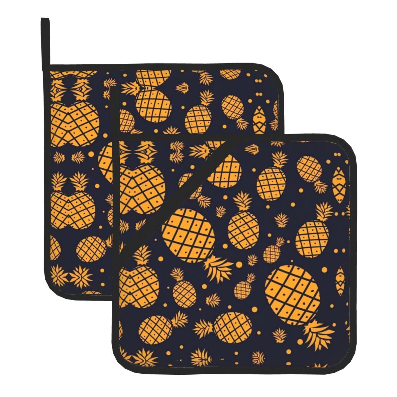 YYHWHJDE Golden Pineapple Prints Square Hot Pads for Kitchen Counter - Waterproof Pot Holders, Durable Oven Mitt Layers with Hanging Loop, Heat Resistant Trivets (2-Pack)