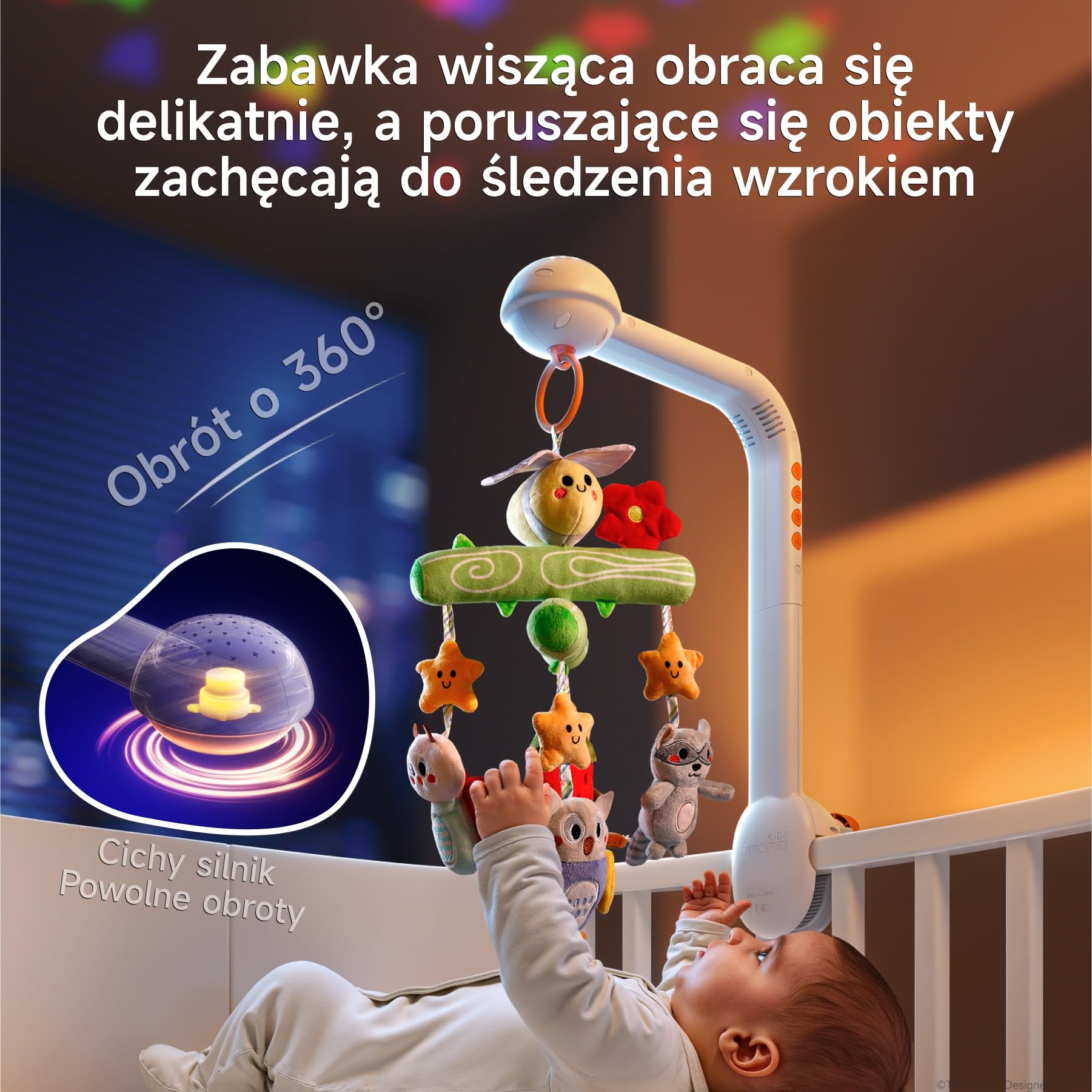 TUMAMA KIDS Mobilne łóżko muzyczne, lampka nocna z projekcją światła, zabawka dla niemowląt 0 3 6 9 miesięcy, mobilny pilot do łóżeczka dla dziecka sensoryczna zabawka na prezent dla urodzonych