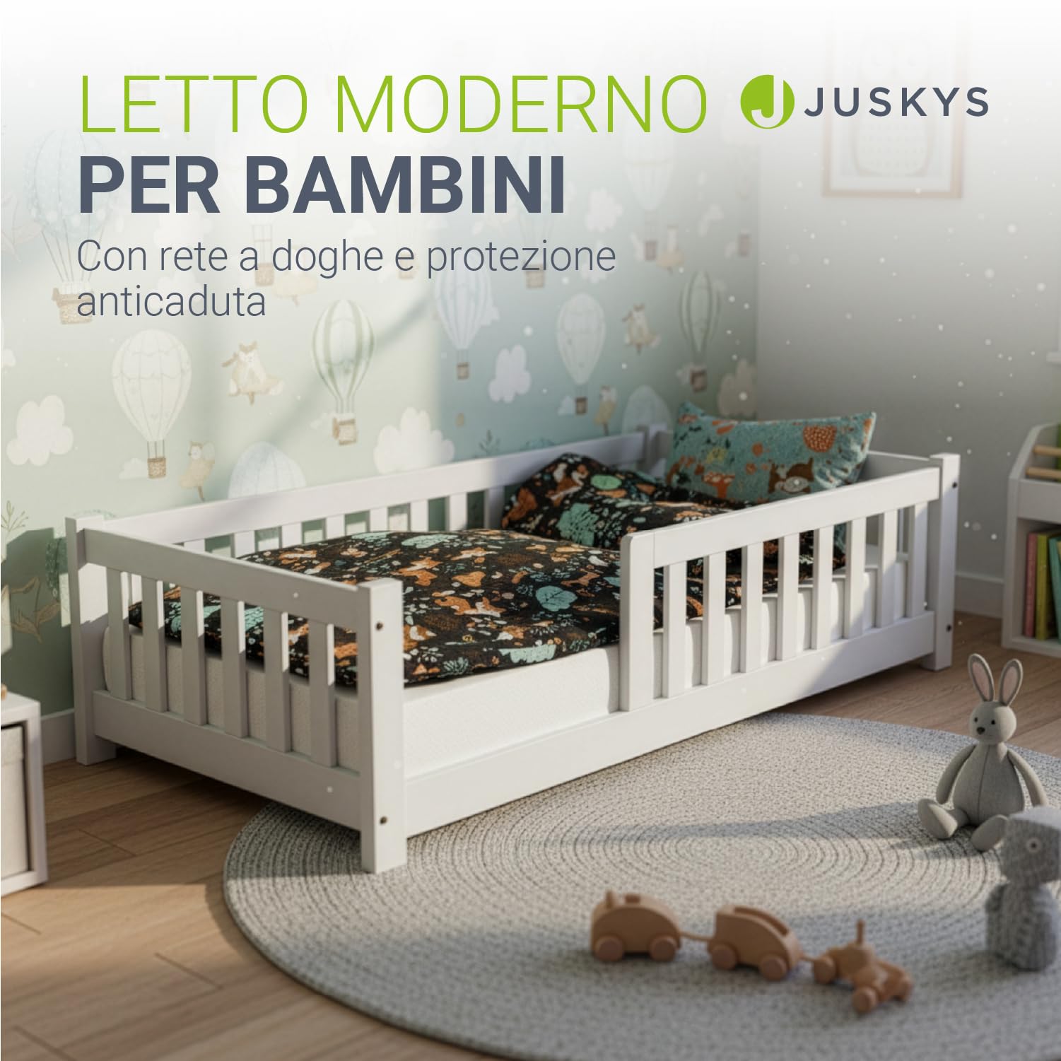 Juskys Letto a pavimento per bambini Naya 80x160 cm con barriera di sicurezza e rete a doghe – letto Montessori in legno massiccio di pino – letto con sponde per bambini – bianco