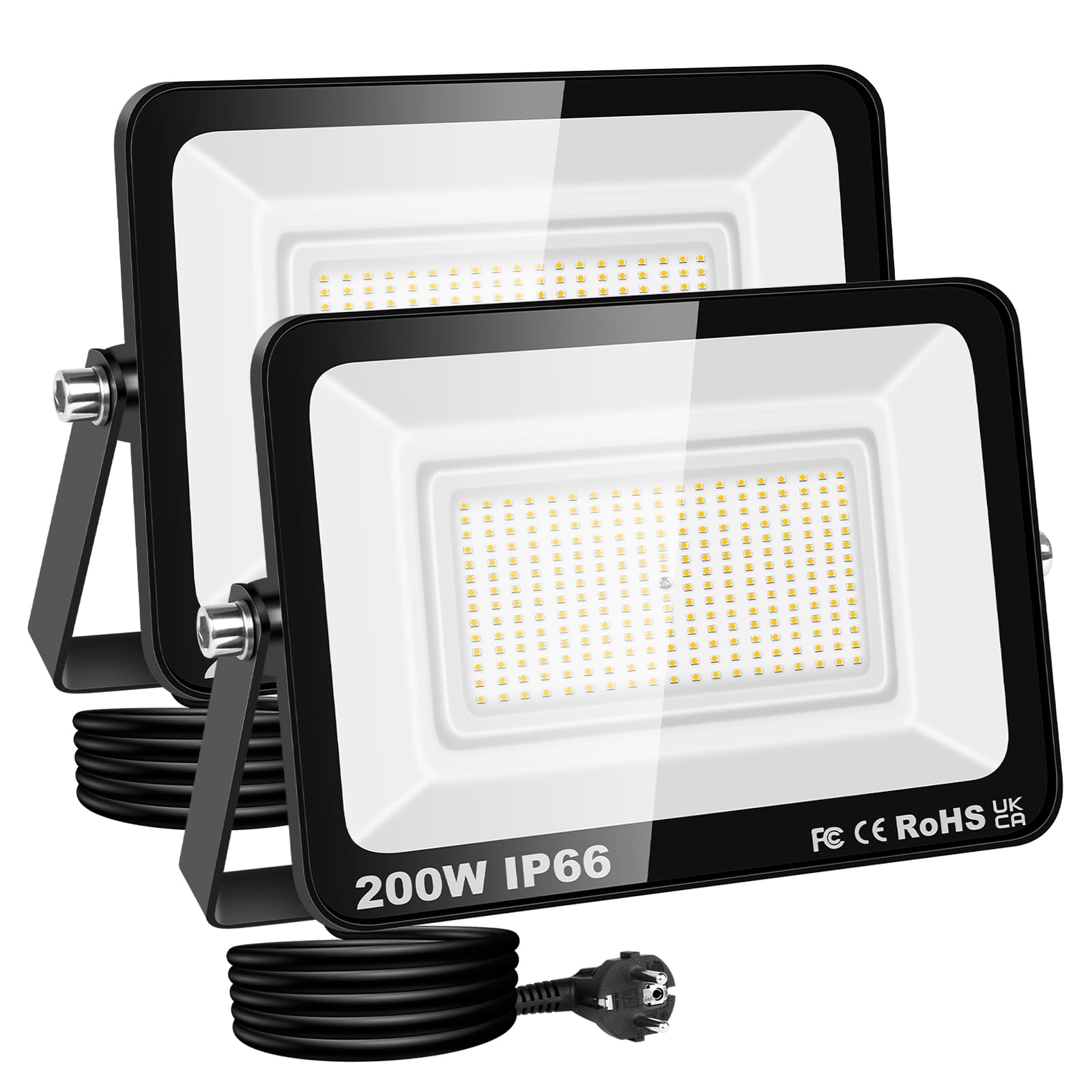 RIGIDON LED Strahler Außen & Innen mit Stecker, 2x 200W 20000LM 230V Spotlight, Fluter Scheinwerfer Flutlicht für Garten Garage Terrassen Hof, Baustellen Arbeitsstrahler, 3000K Warmweiß Wasserdicht