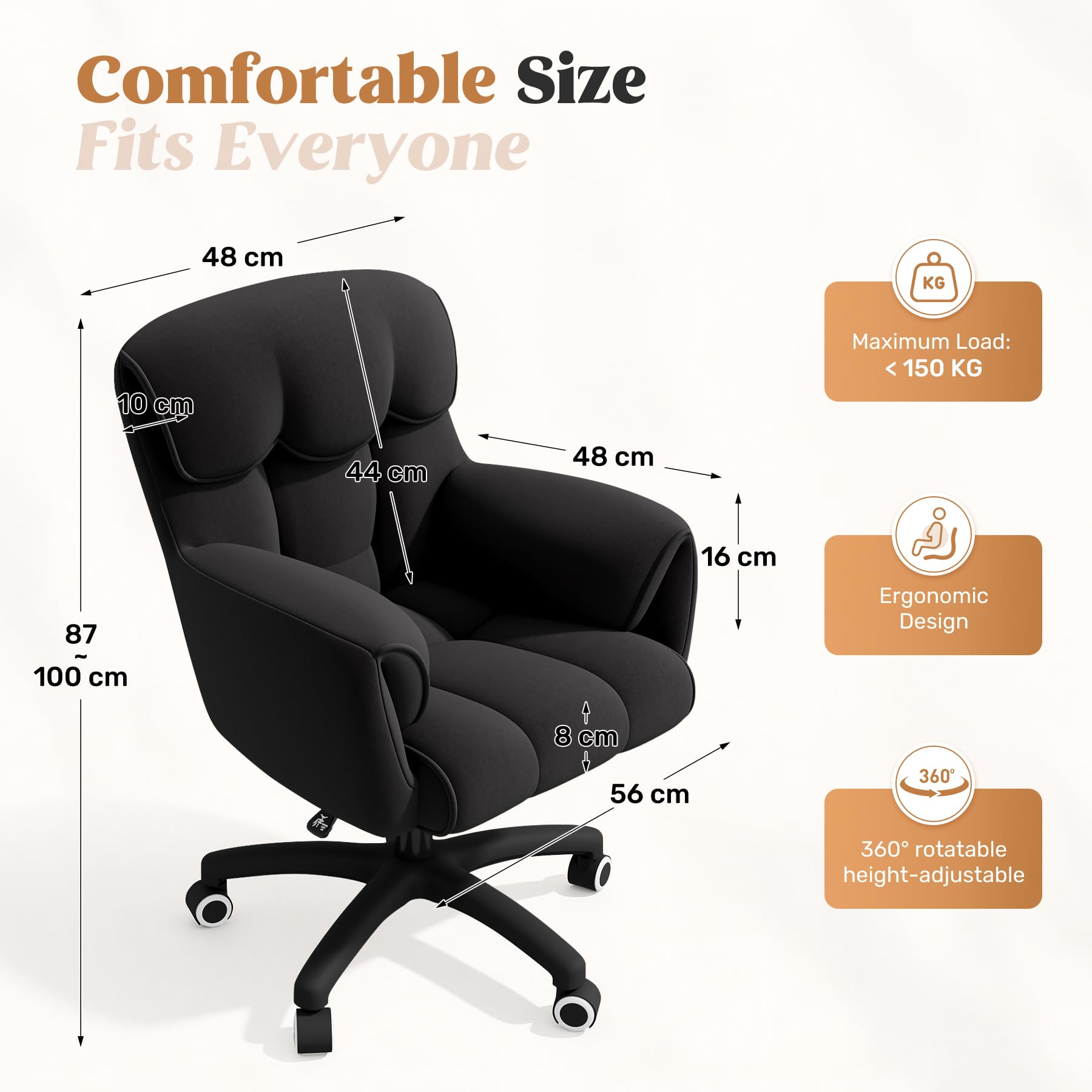 Ergonomischer Bürostuhl, Höhenverstellbarer Schreibtischstuhl mit Armlehnen, 360° Drehfunktion, Samtbezug, für Homeoffice und Büro, Belastbar bis 150 kg, Schwarz