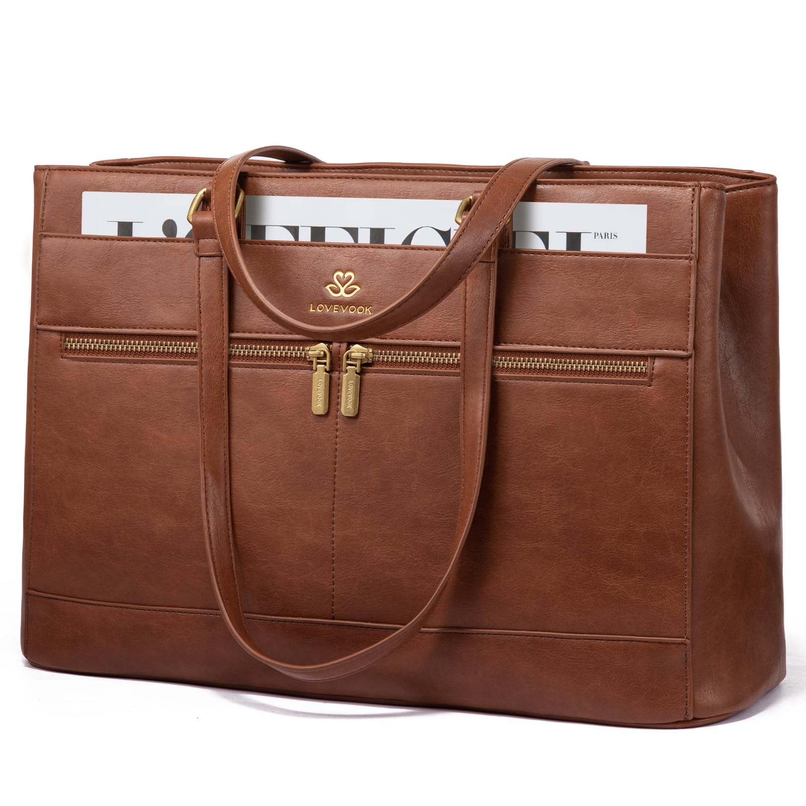 LOVEVOOK Handtasche Damen Groß, 15,6 Zoll Laptoptasche Retro-Leder Arbeitstasche Aktentasche, Leicht Shopper Tasche Schultasche Lehrertasche, Elegant Tote Bag Handbags für Uni Büro Business, Braun