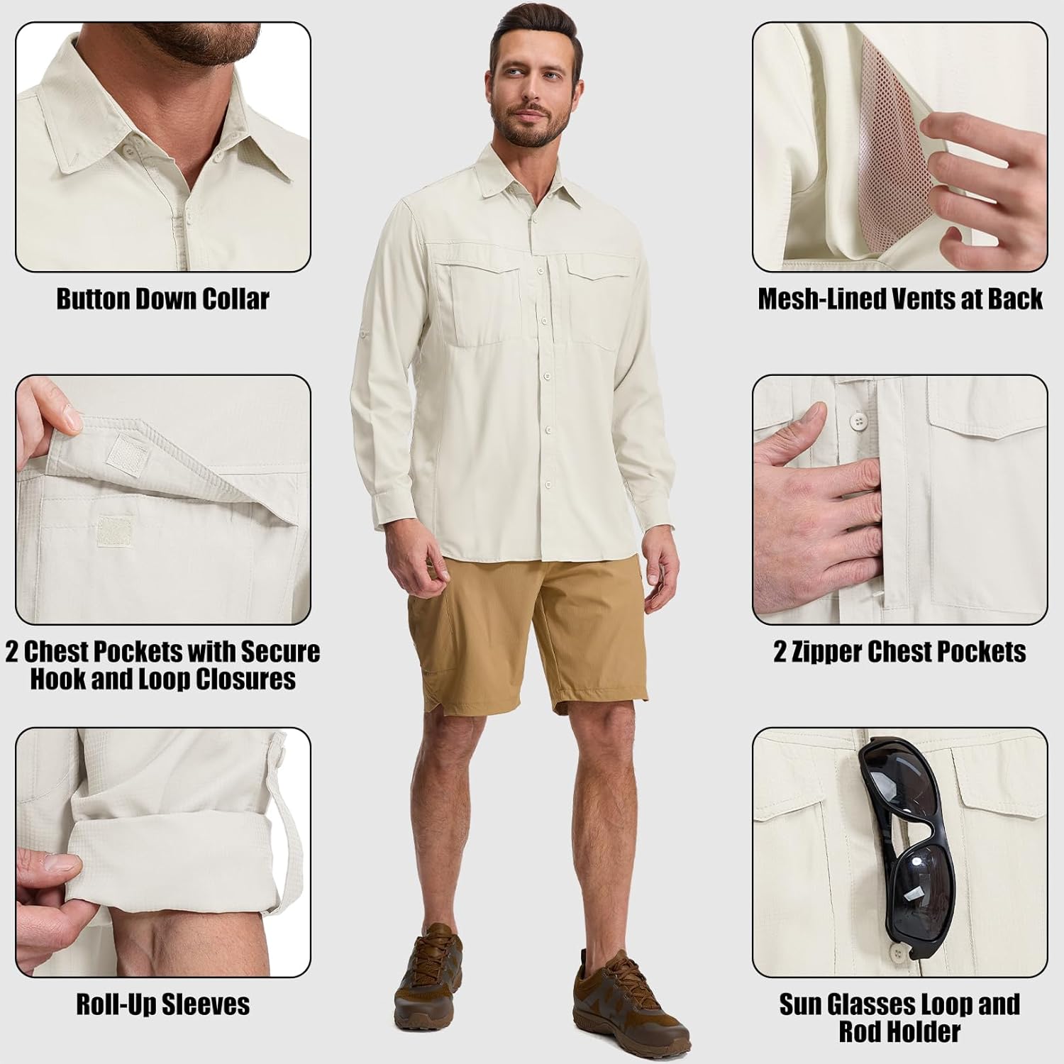 mixtiq Men's Sun Protection Safari Shirts Long Sleeve UPF 50 UV Quick Dry Travel Hiking Fishing Shirts with Zipper - Image 4