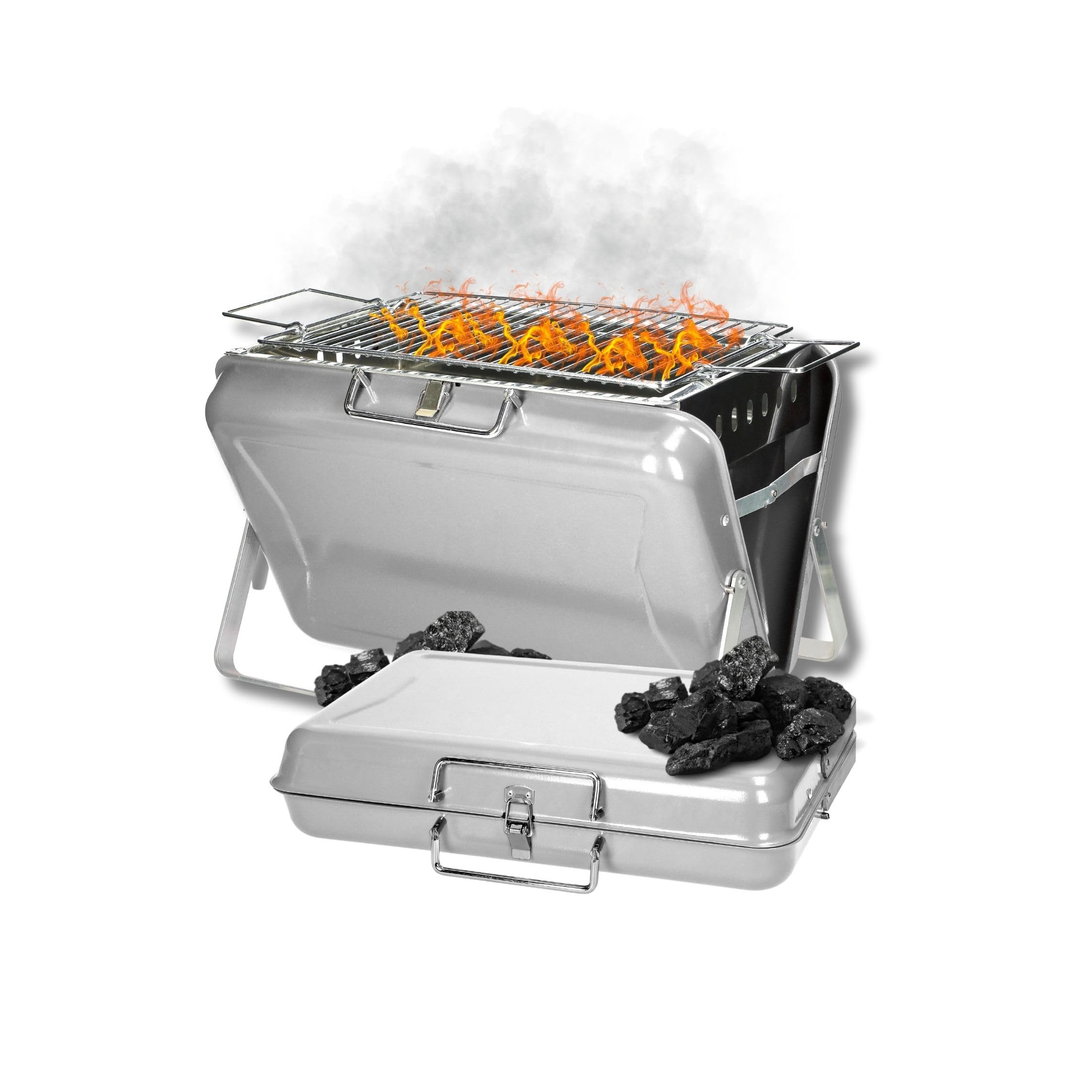 Barbecue au charbon de bois portable « portable » - Barbecue valise avec poignée de transport et grille de cuisson - Barbecue à charbon pour jusqu'à 4 personnes - Barbecue mobile pour les déplacements