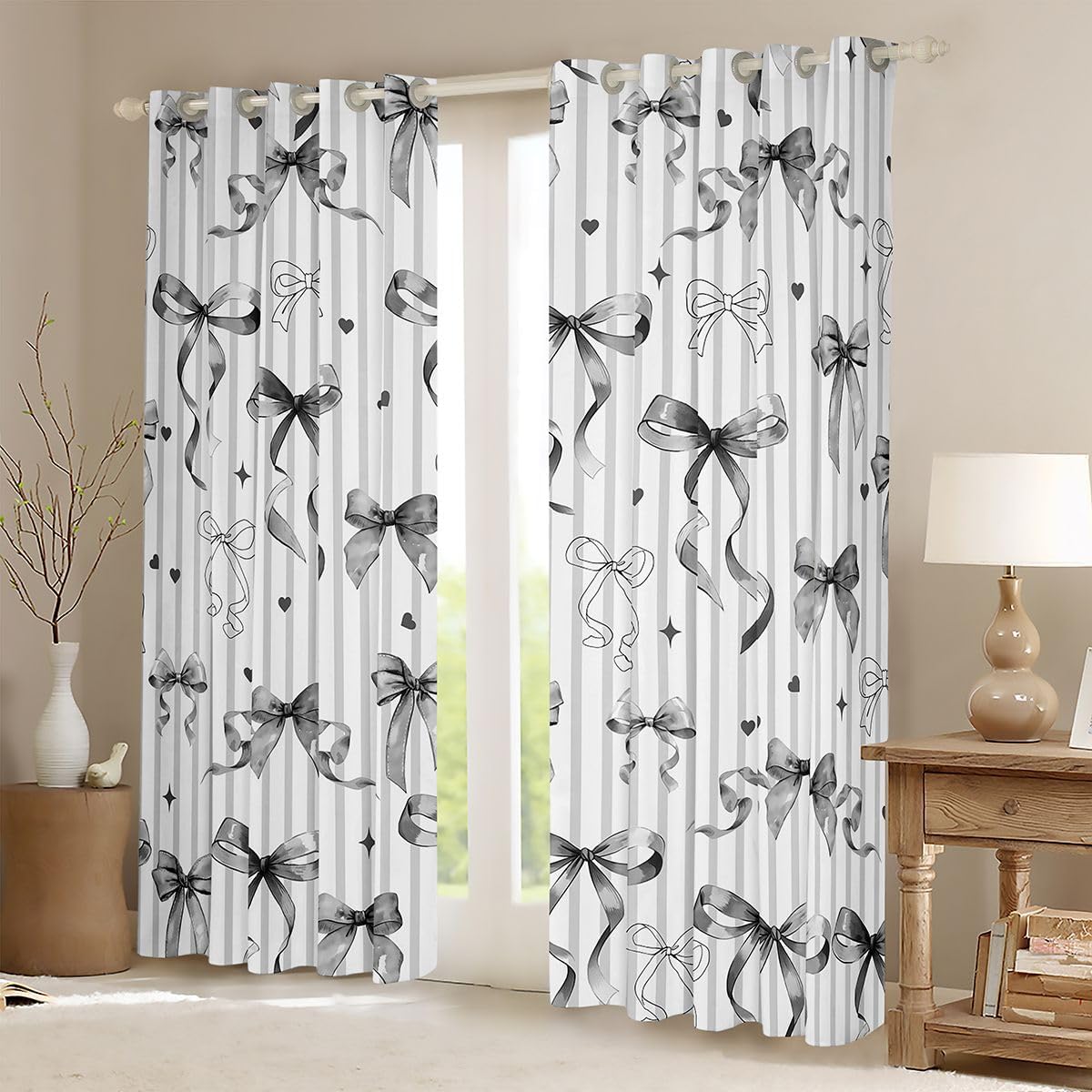 Feelyou Girls Black Bow Curtains for Bedroom Living Room Bow Knot Blackout Darkening Drapes Black White Stripes Window Treatments, 2 Panels 38 x 45 Inch Coquette Aesthetic Room Decor Gift for Girls image 2