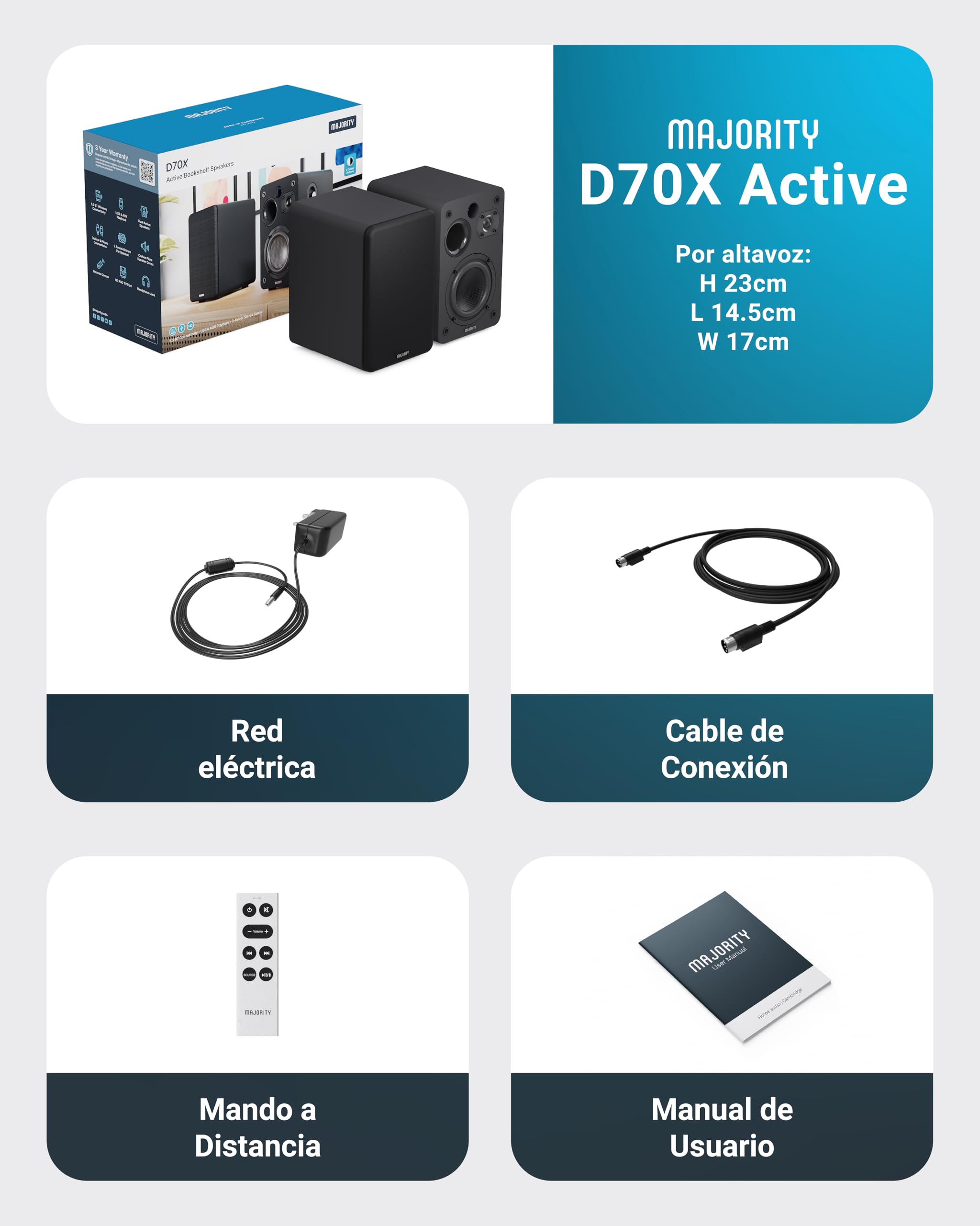 MAJORITY D70X Altavoces Autoamplificados Bluetooth | 70W 2.0 Monitores de Estudio con Conos Fibra de Carbono | Altavoz HiFi con HDMI ARC | Altavoces Activos Mando a Distancia con EQ (Negro)