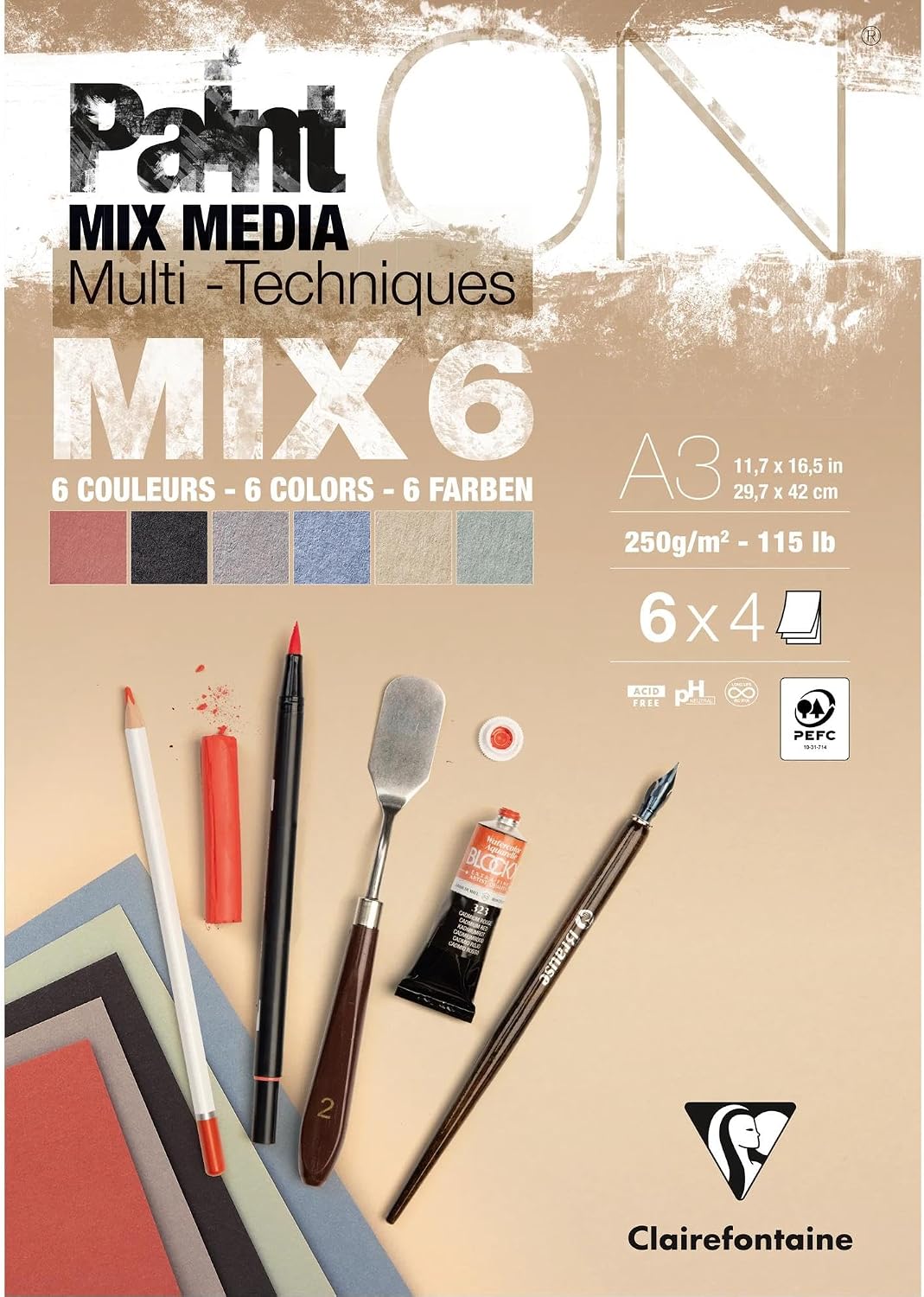 Clairefontaine 976016C - Bloc Collé PaintON MIX6 Multi-Techniques A3 29,7x42 cm 250g - 24 Feuilles Papier Dessin Multi-Techniques - Assorti de 6 Papiers