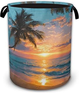 Tropical Palm Laundry Basket Collapsible with Handles,Sea Beach Sunset Waterproof Oxford Cloth Hamper,16 x 20.8 Inch Storage Organizer for Bathroom Bedroom Dorm