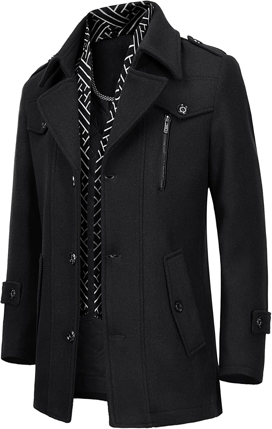 Men's Wool Jacket Single Breasted Winter Coat with Detachable Scarfs Quilted Lined Business Coat