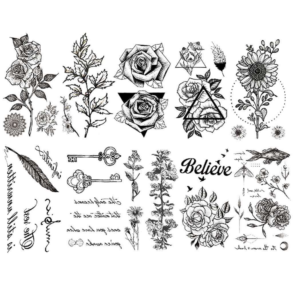 CARGEN Black Realistic Temporary Tattoos - 10 Sheets Sexy Flowers Rose Sunflower Feather Key Words Believe Butterfly Moon Tattoos for Women Girls Makeup Fake Tattoo Great for Thighs Chest Shoulder