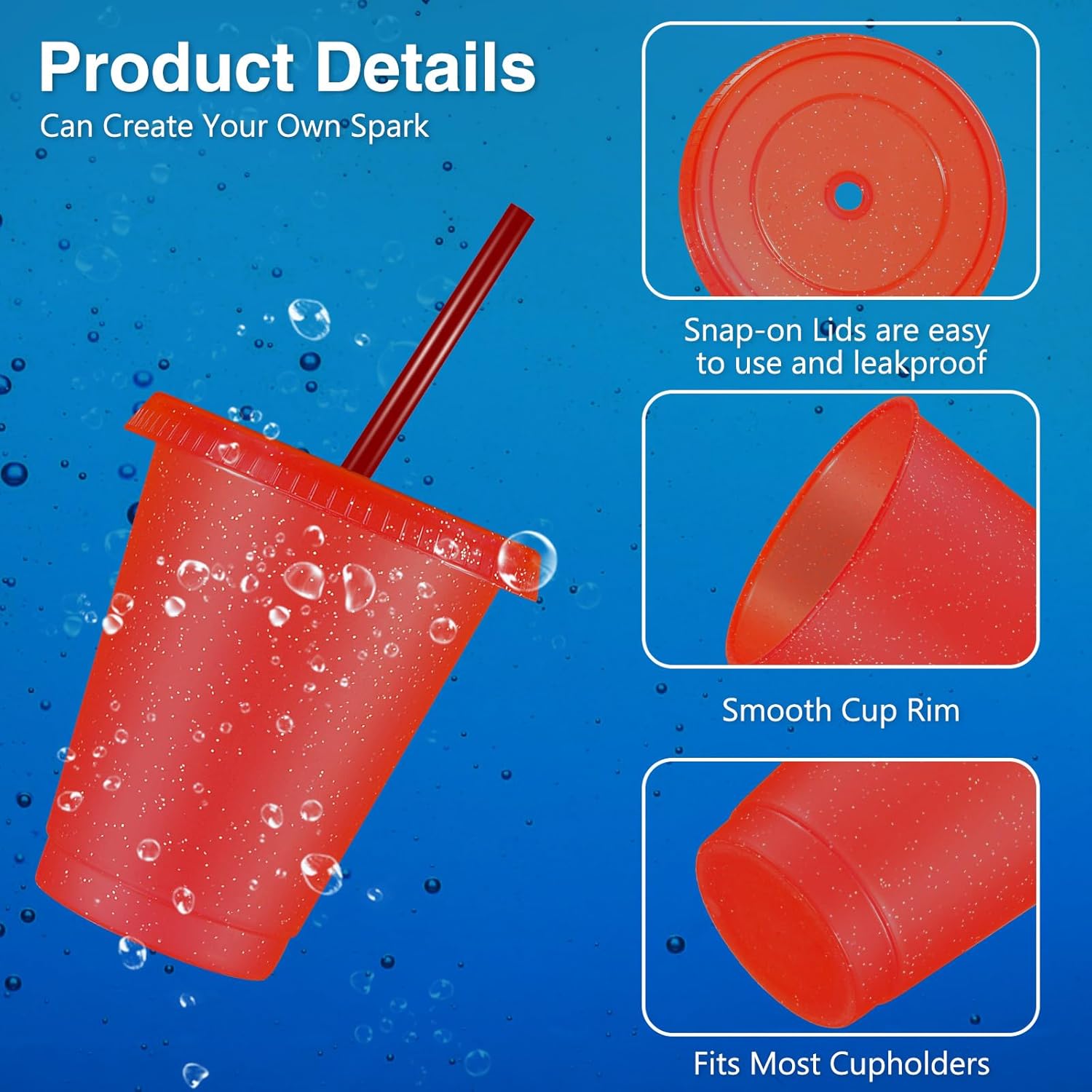 Rtteri 30 Pieces Reusable Cups with Lids and Straws 16 oz Glitter Iced Coffee Tumbler Plastic Travel Mug Cup for Smoothie Juices Valentine's Day, Birthdays, Flamingo Party Bachelor Party(Red) - Image 3