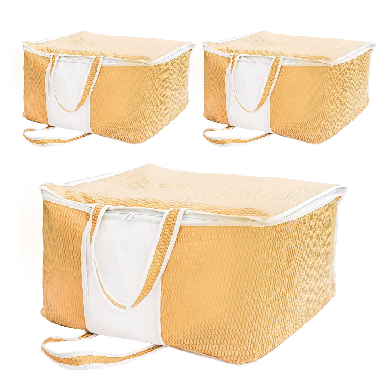 Yellow Weaves Non Woven Self-Embossed Design Underbed Storage Organizer/Blanket Cover Bag with Transparent Window and Handles for Blankets, Quilts, Comforters, Pack of 3, Apricot color-image-3