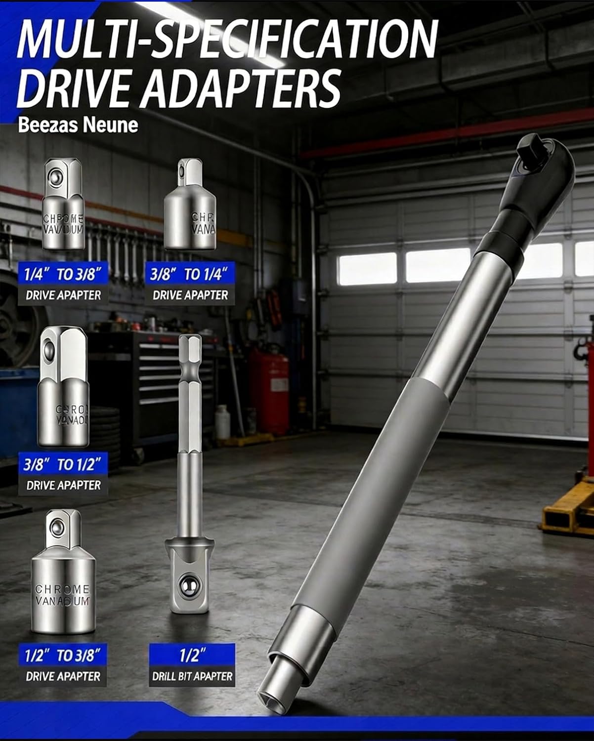 3/8" Offset Extension Wrench, Impact Ratchet Extender for Electric Drill, with 1/2", 1/4" Adapters for Tight Spaces