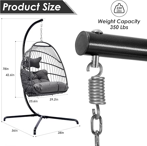 Miniatura 6 de OUTPLATIO Silla columpio con soporte plegable hamaca tejida de ratán de polietileno para colgar en exteriores, interiores, patio, balcón, jardín